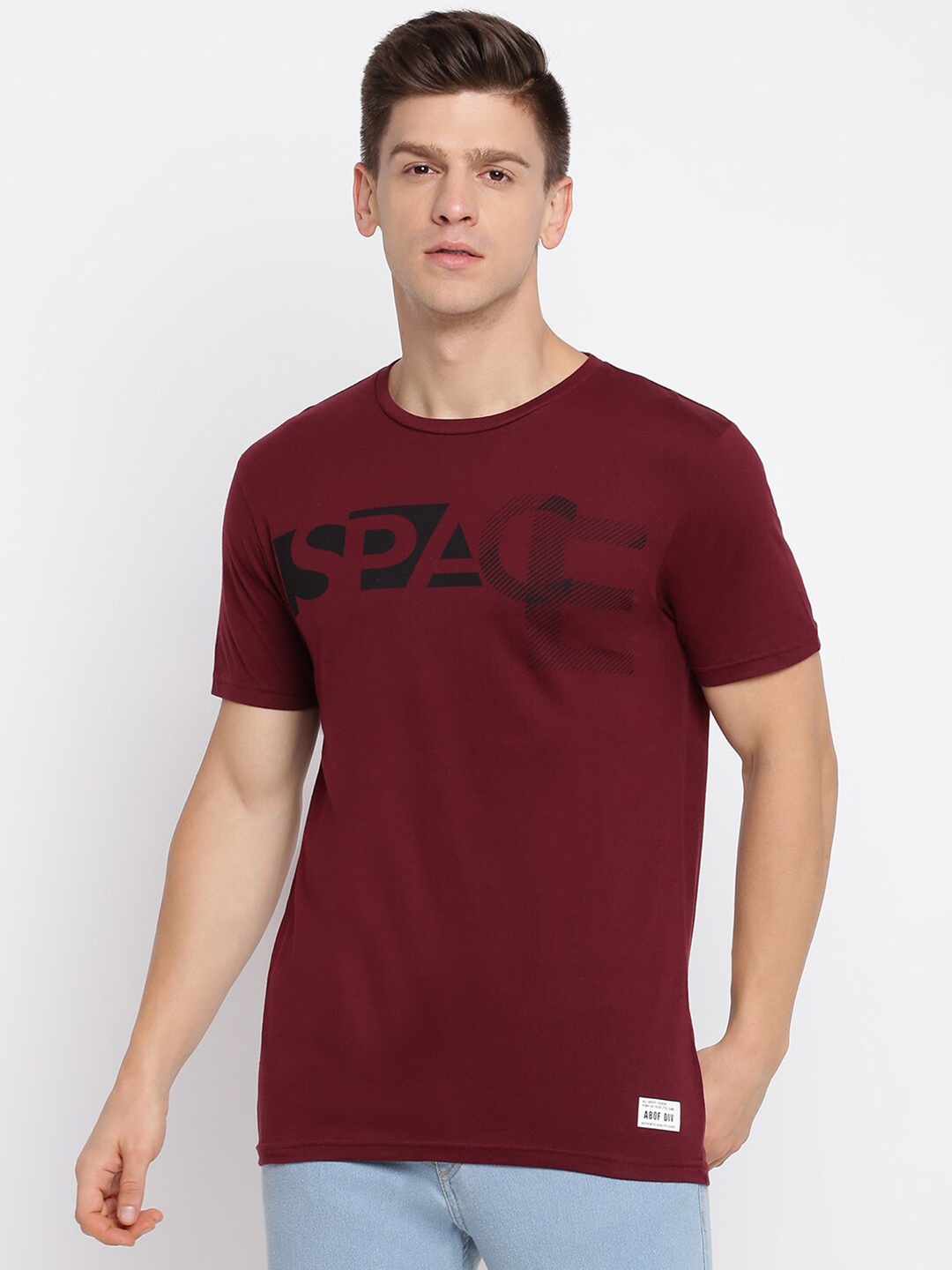 abof Men Burgundy Typography Printed Cotton T-shirt