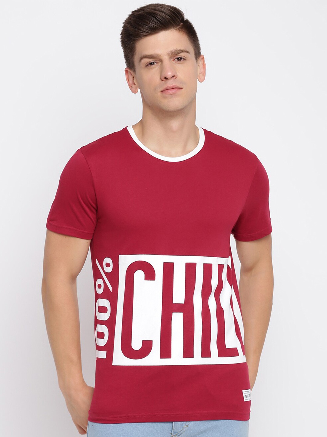 abof Men Maroon Typography Printed T-shirt