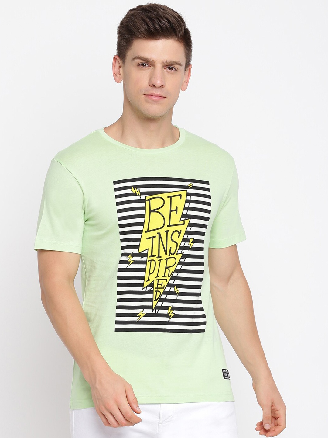 abof Men Green Striped Printed Round Neck Short Sleeves T-shirt