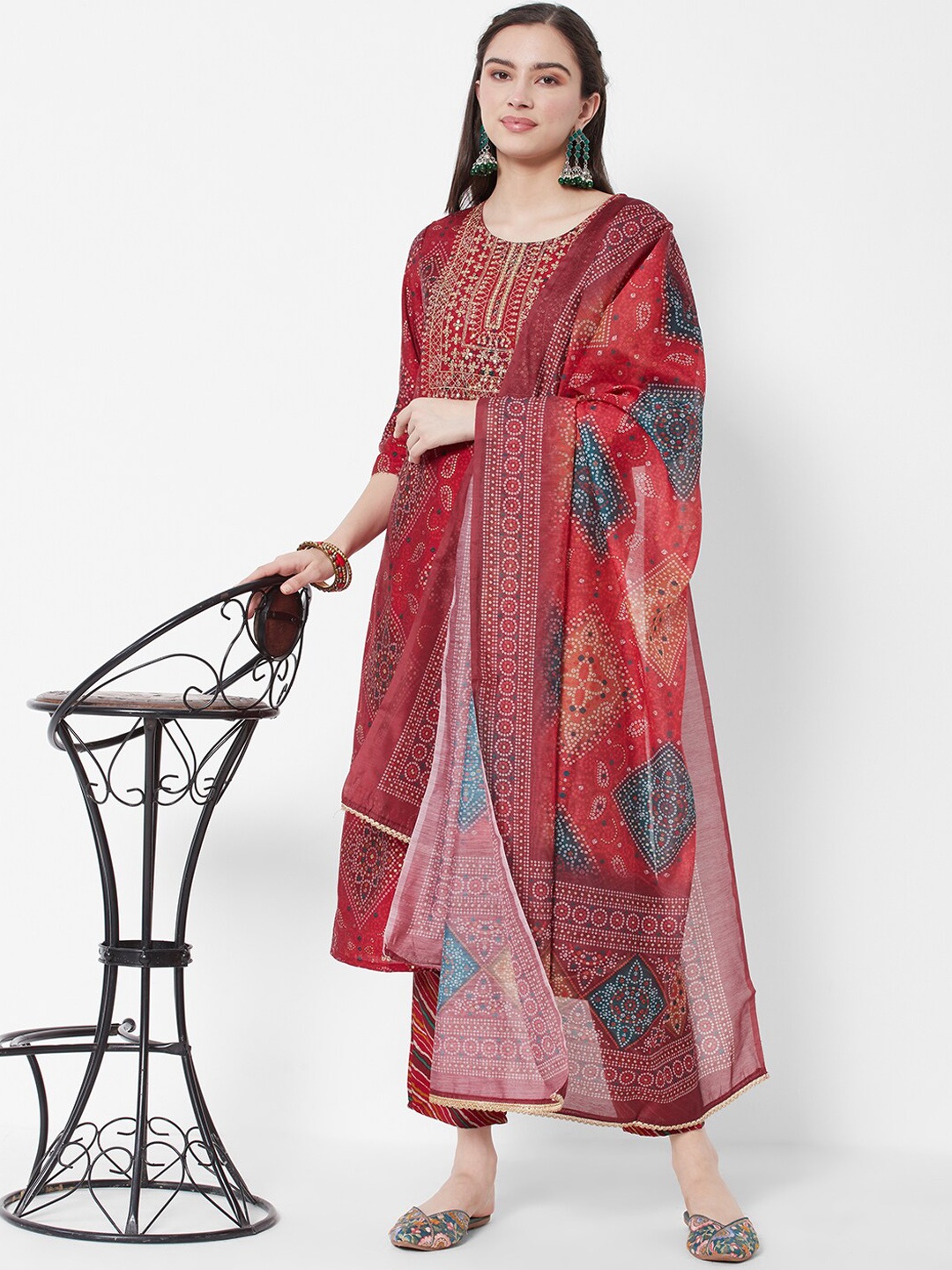 HEEPOSH Women Maroon Bandhani Embroidered Thread Work Chanderi Silk Kurta with Trousers & With Dupatta
HEEPOSH Women Maroon Bandhani Embroidered Thread Work Chanderi Silk Kurta with Trousers & With Dupatta