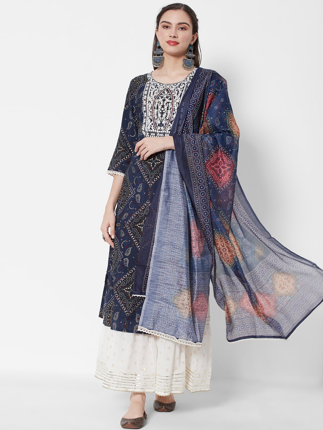 HEEPOSH Women Navy Blue Bandhani Printed Thread Work Chanderi Silk Kurta with Palazzos & With Dupatta
HEEPOSH Women Navy Blue Bandhani Printed Thread Work Chanderi Silk Kurta with Palazzos & With Dupatta