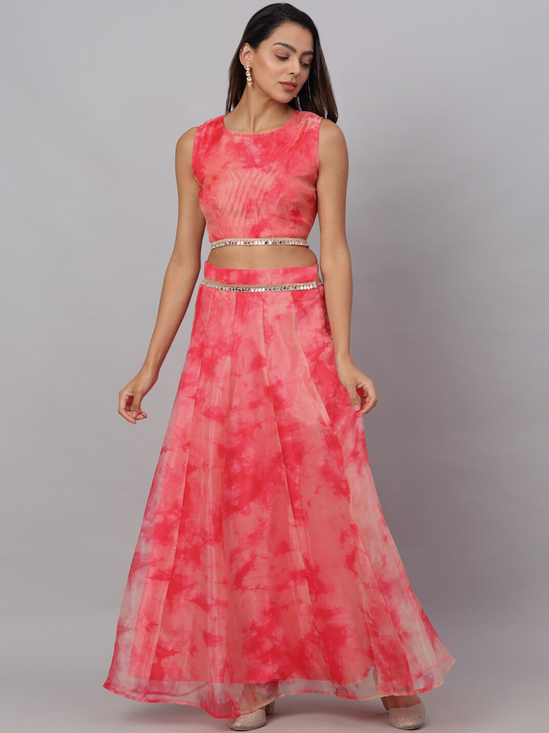 NEUDIS Women Pink Tie & Dye Printed Organza Maxi Skirt