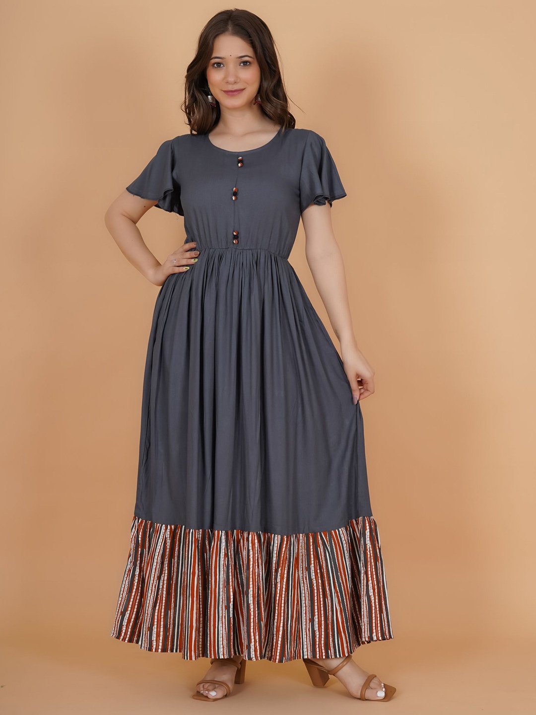 DAEVISH Women Grey Solid Fit & Flare Maxi Dress