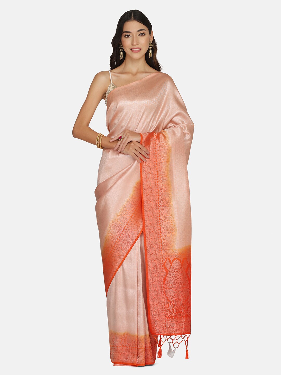 BOMBAY SELECTIONS Peach-Coloured & Orange Ethnic Motifs Zari Art Silk Banarasi Saree
BOMBAY SELECTIONS Peach-Coloured & Orange Ethnic Motifs Zari Art Silk Banarasi Saree