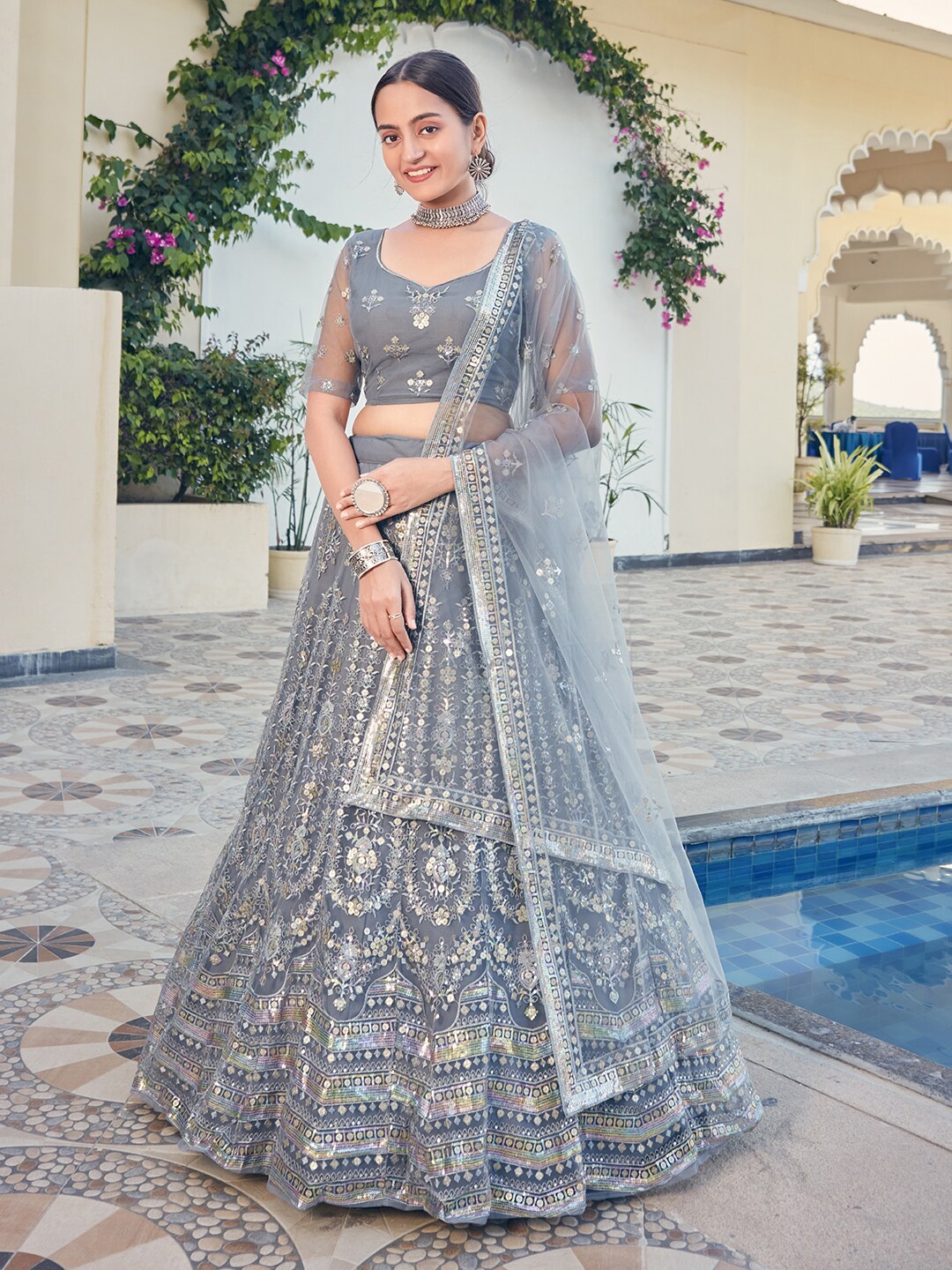 SHOPGARB Grey & Gold-Toned Embellished Sequinned Semi-Stitched Lehenga & Unstitched Blouse With Dupatta
SHOPGARB Grey & Gold-Toned Embellished Sequinned Semi-Stitched Lehenga & Unstitched Blouse With Dupatta