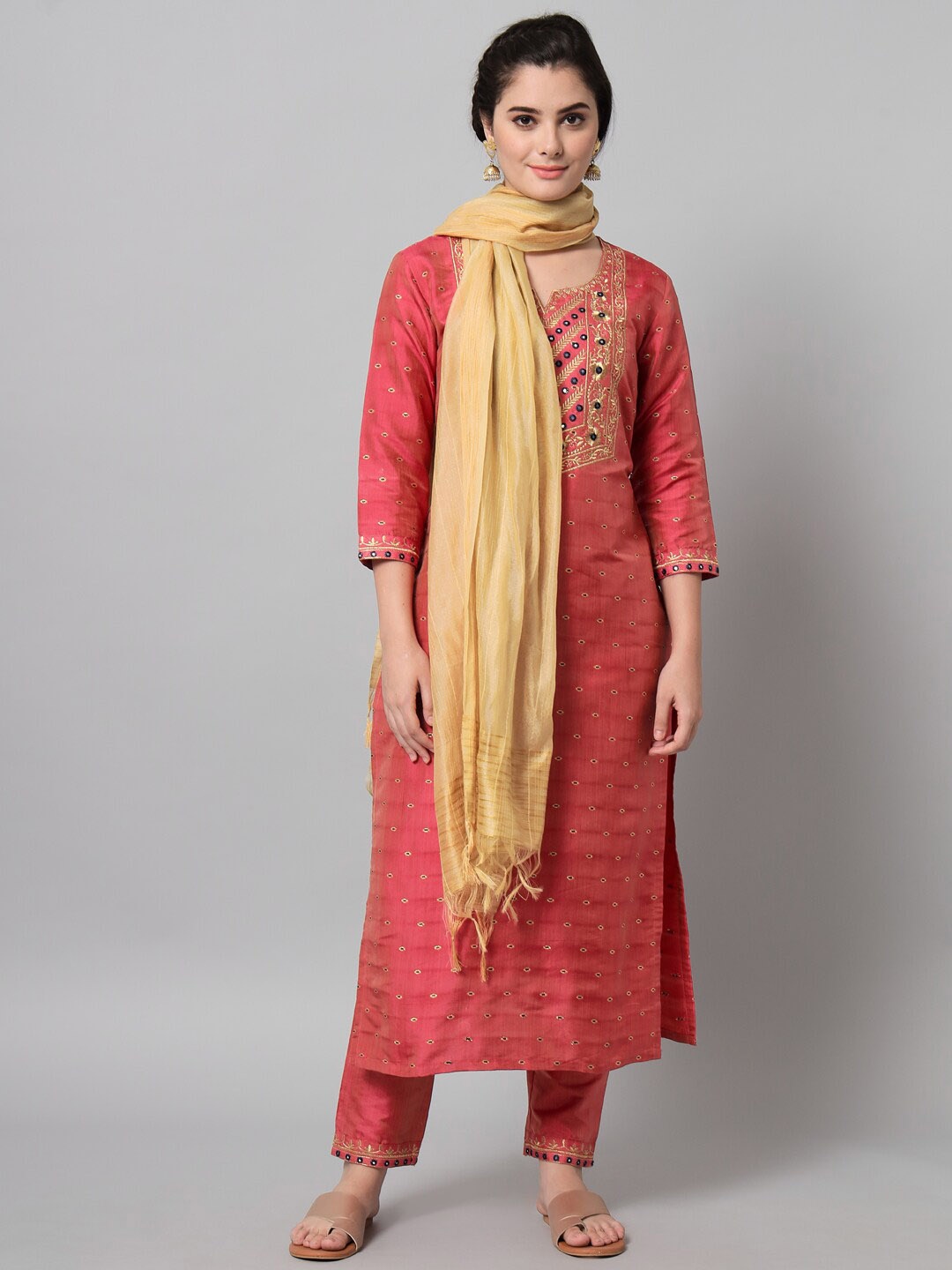 Tulsattva Women Magenta Embroidered Mirror Work Dupion Silk Kurta with Trousers & With Dupatta
Tulsattva Women Magenta Embroidered Mirror Work Dupion Silk Kurta with Trousers & With Dupatta