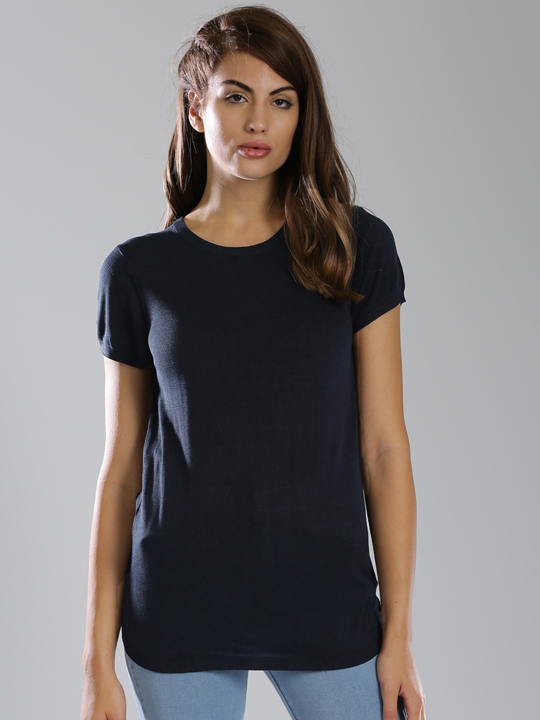 Levis Women Navy Striped Round Neck T-shirt, Navy blue