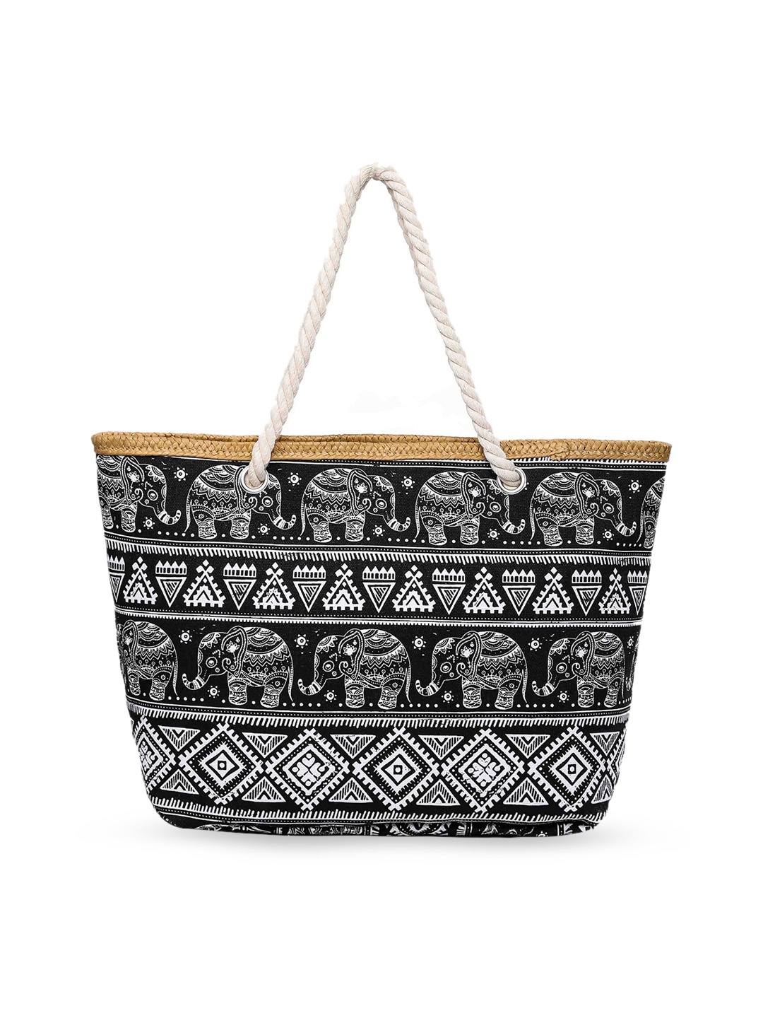 Diva Dale Women Black Ethnic Motifs Printed Canvas Oversized Structured Tote Bag