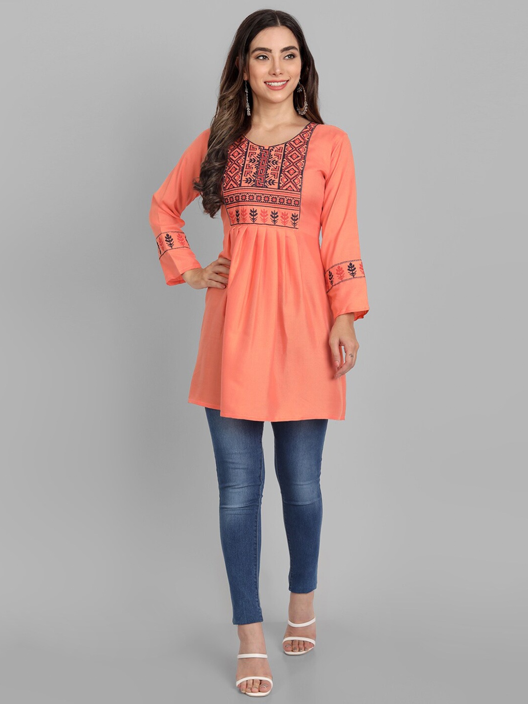 TORONFRAS Orange Ethnic Motifs Embroidered Pleated Kurti