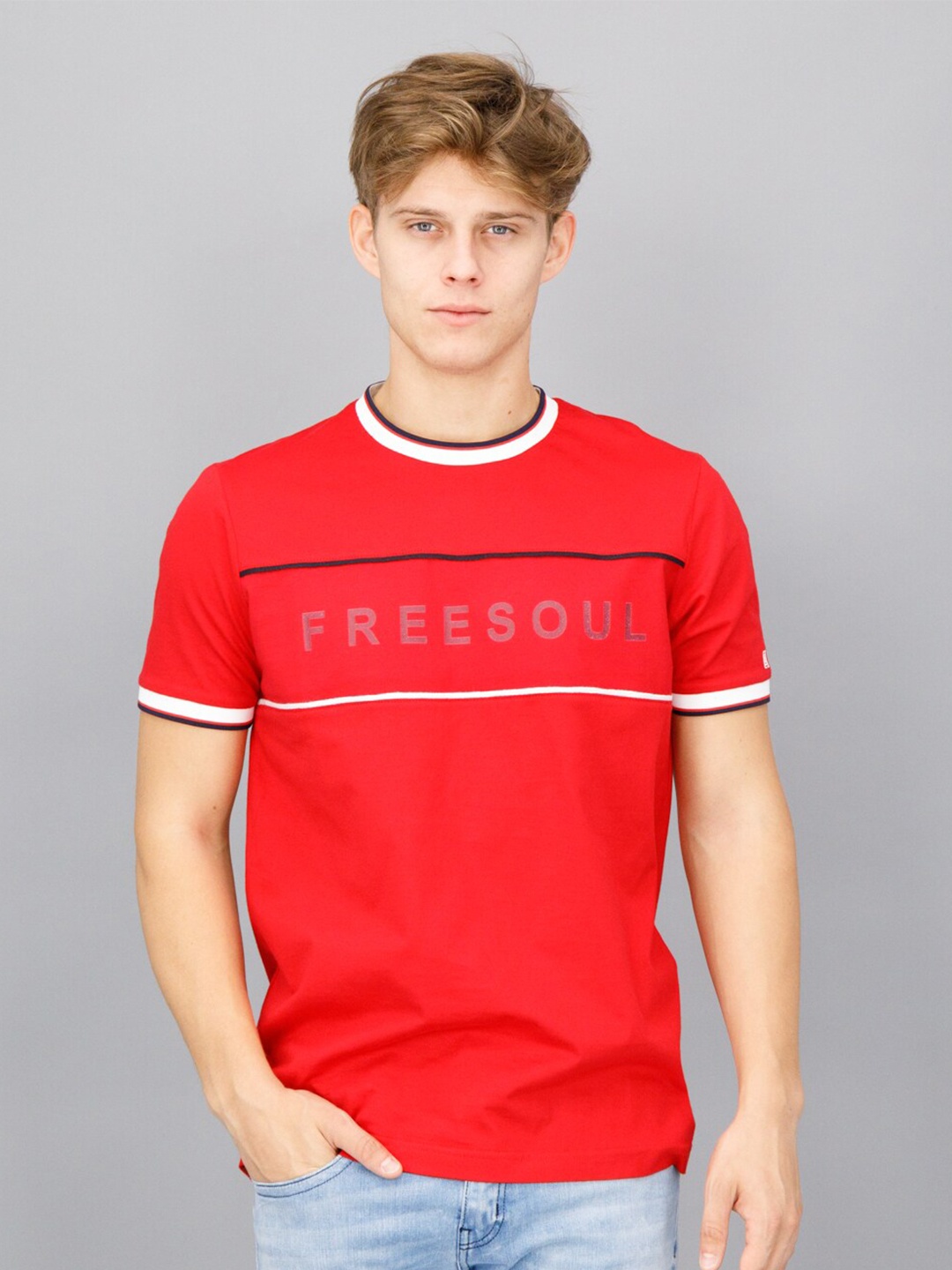FREESOUL Men Red Typography Striped T-shirt