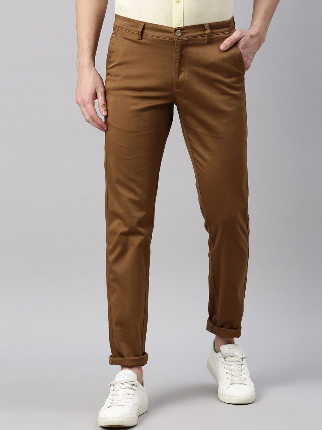 Chennis Men Brown Slim Fit Cotton Trousers