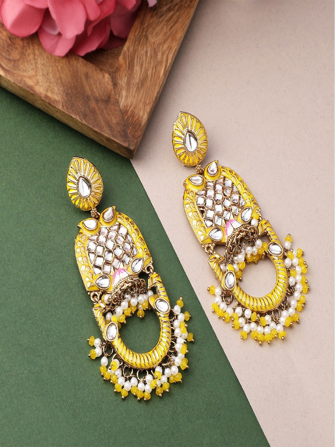 Mahi Women Yellow & White Contemporary Drop Earrings