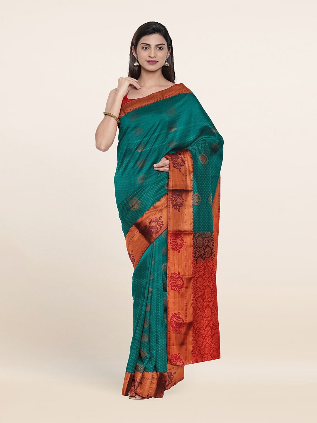 Pothys Green & Red Ethnic Motifs Zari Pure Silk Saree