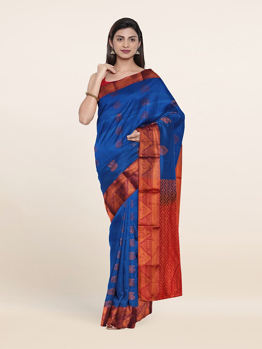 Pothys Blue & Red Woven Design Zari Pure Silk Saree