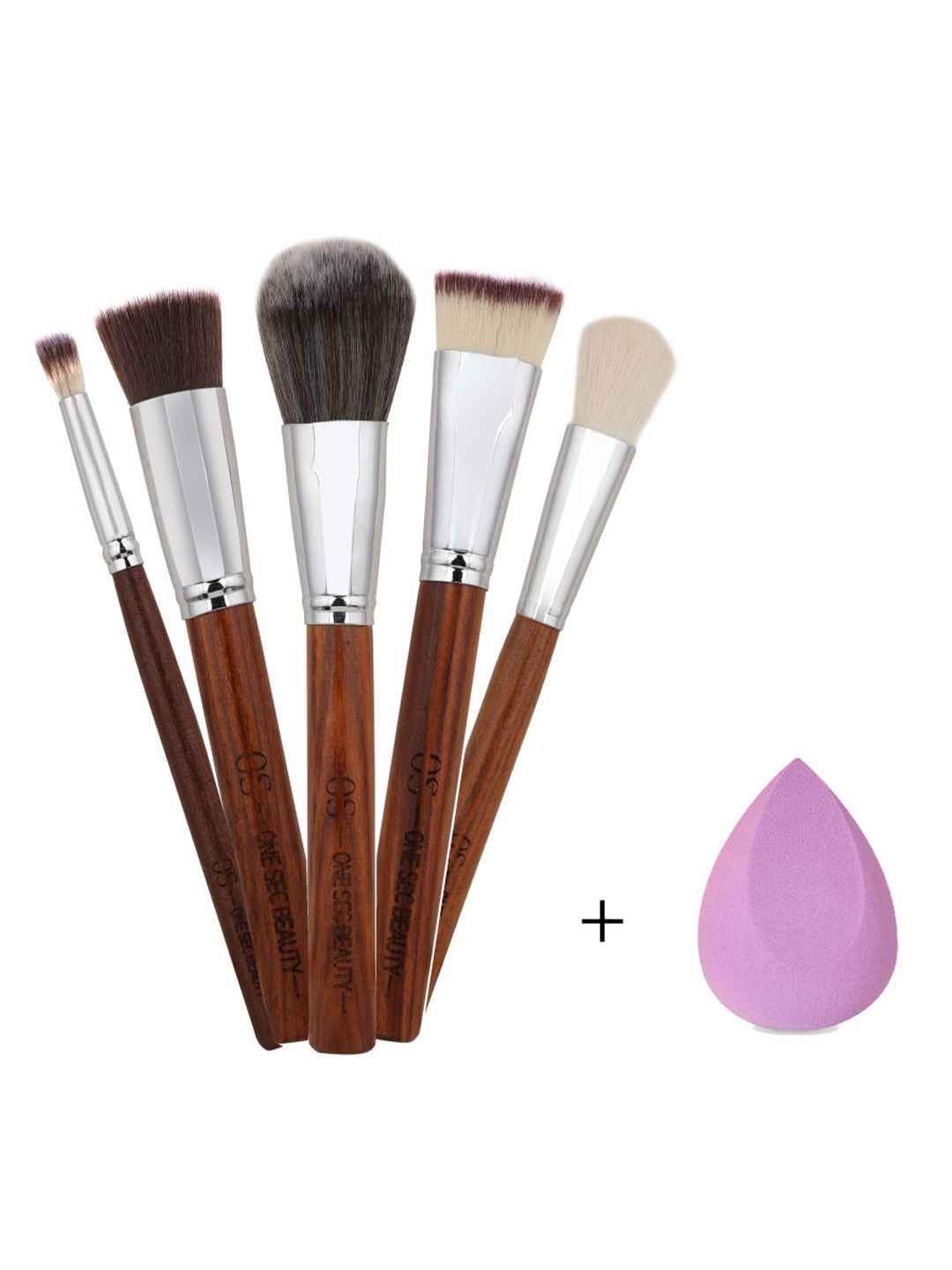 One Sec Beauty Set Of 5 Makeup Brush Set with Flat Ended Beauty Blender, Brown
One Sec Beauty Set Of 5 Makeup Brush Set with Flat Ended Beauty Blender, Brown