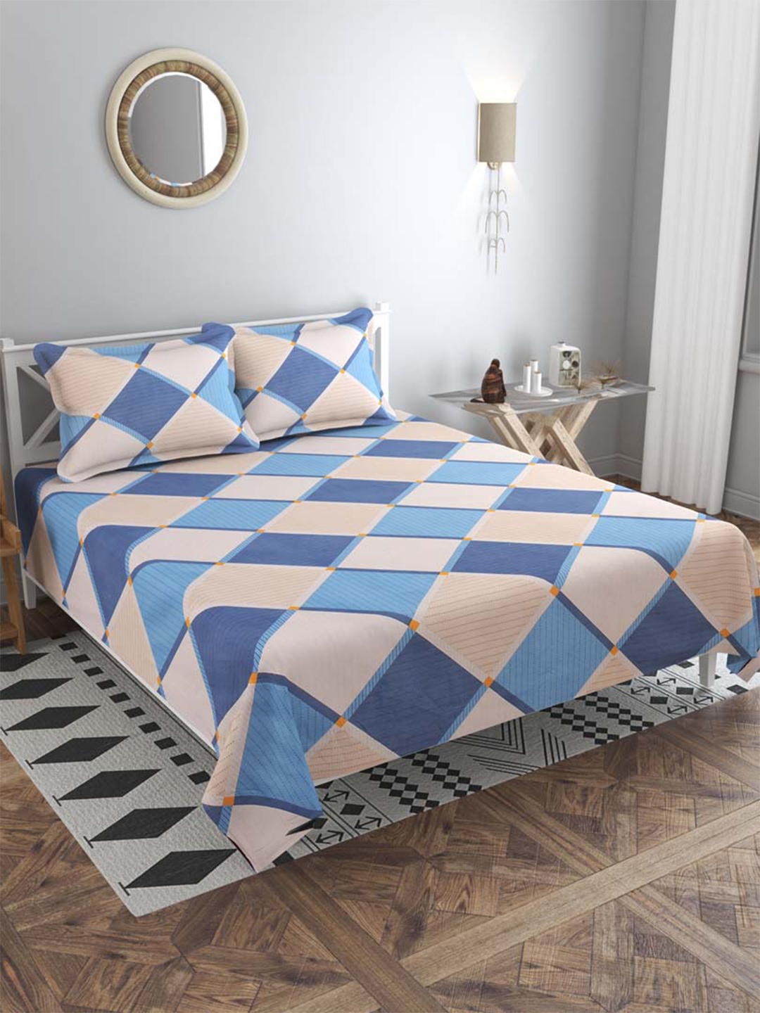 Slushy Mushy Cream-Coloured & Blue Geometric 300 TC King Bedsheet with 2 Pillow Covers
Slushy Mushy Cream-Coloured & Blue Geometric 300 TC King Bedsheet with 2 Pillow Covers
