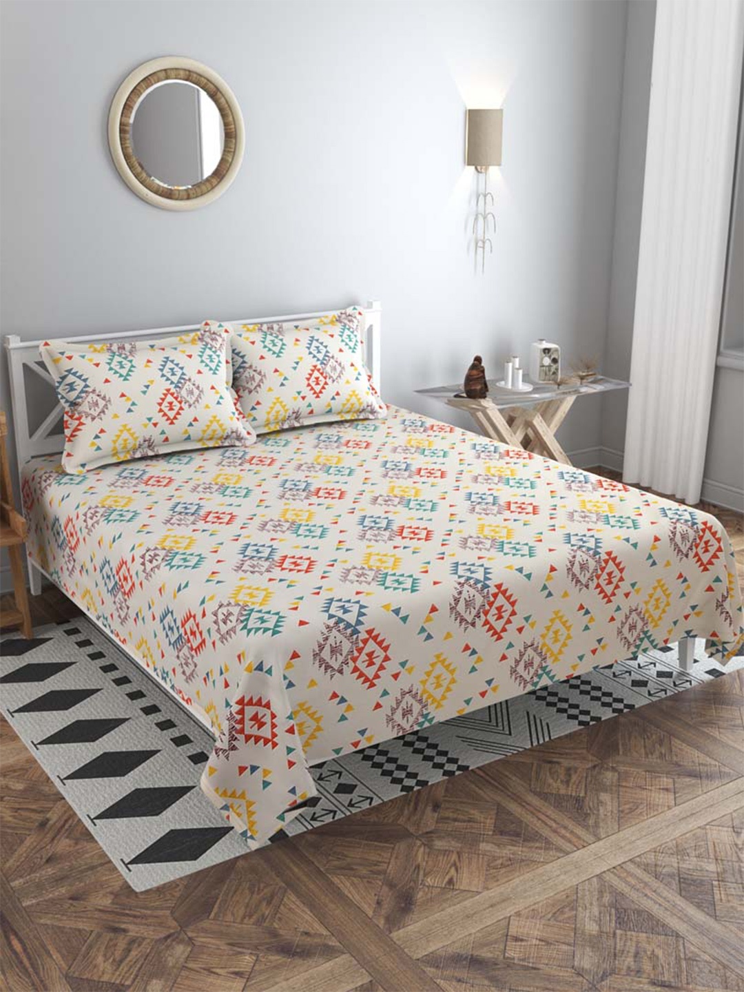 Slushy Mushy Cream-Coloured & Blue Geometric 300 TC King Bedsheet with 2 Pillow Covers
Slushy Mushy Cream-Coloured & Blue Geometric 300 TC King Bedsheet with 2 Pillow Covers