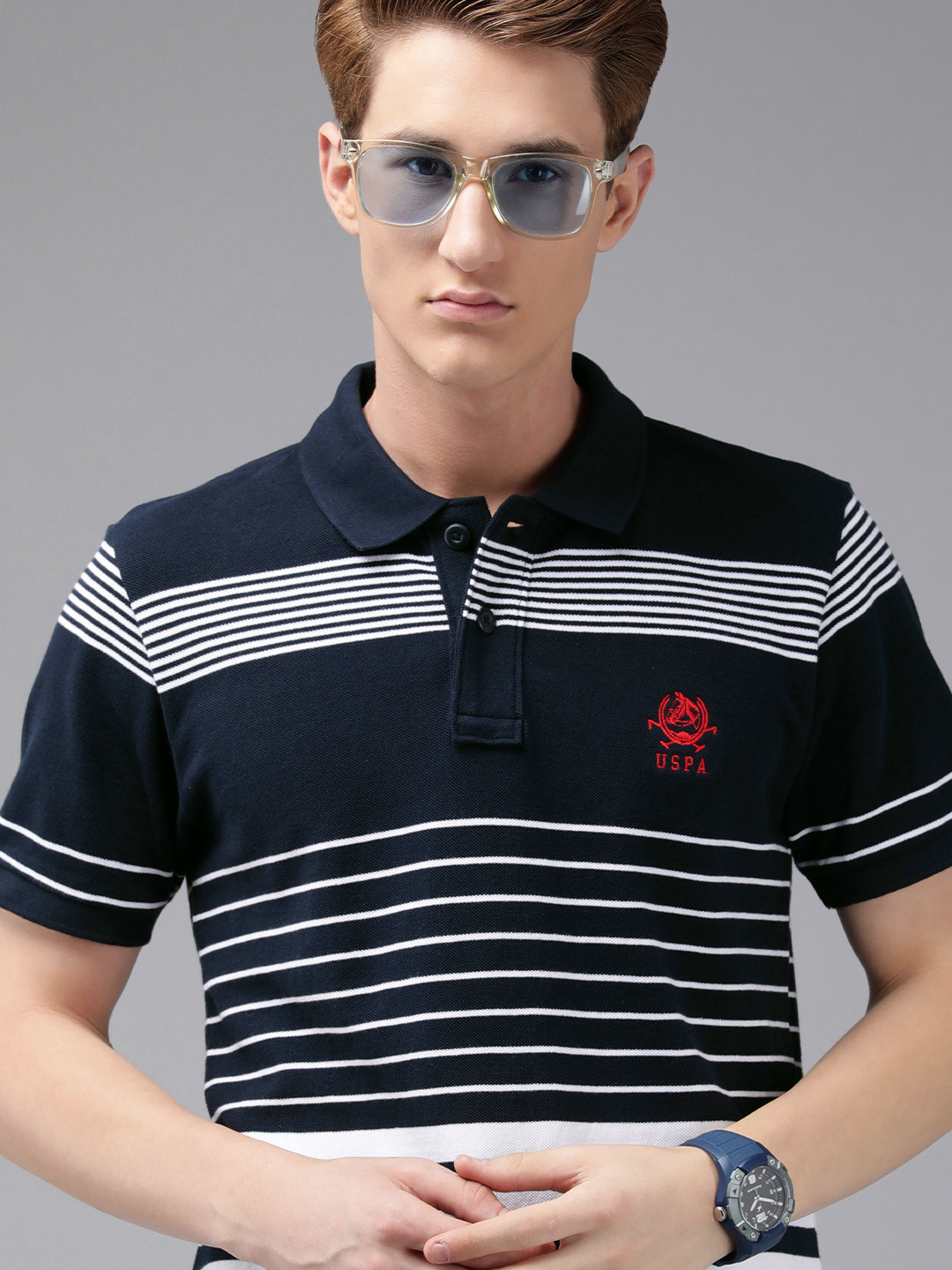 U S Polo Assn Men Navy Blue & White Striped Polo Collar Pure Cotton Slim Fit T-shirt
U S Polo Assn Men Navy Blue & White Striped Polo Collar Pure Cotton Slim Fit T-shirt