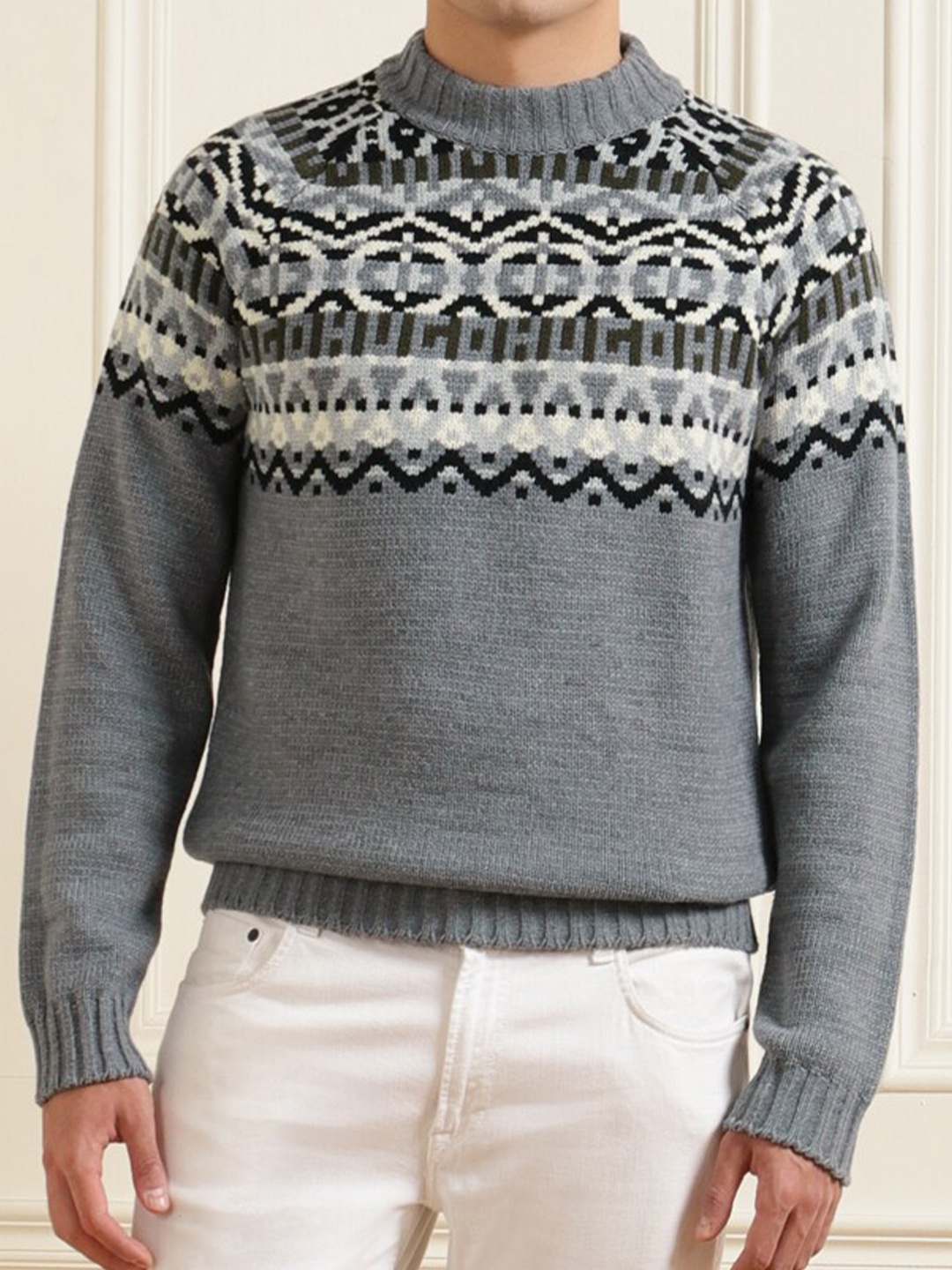 HUGO Men Grey & White Printed Pullover