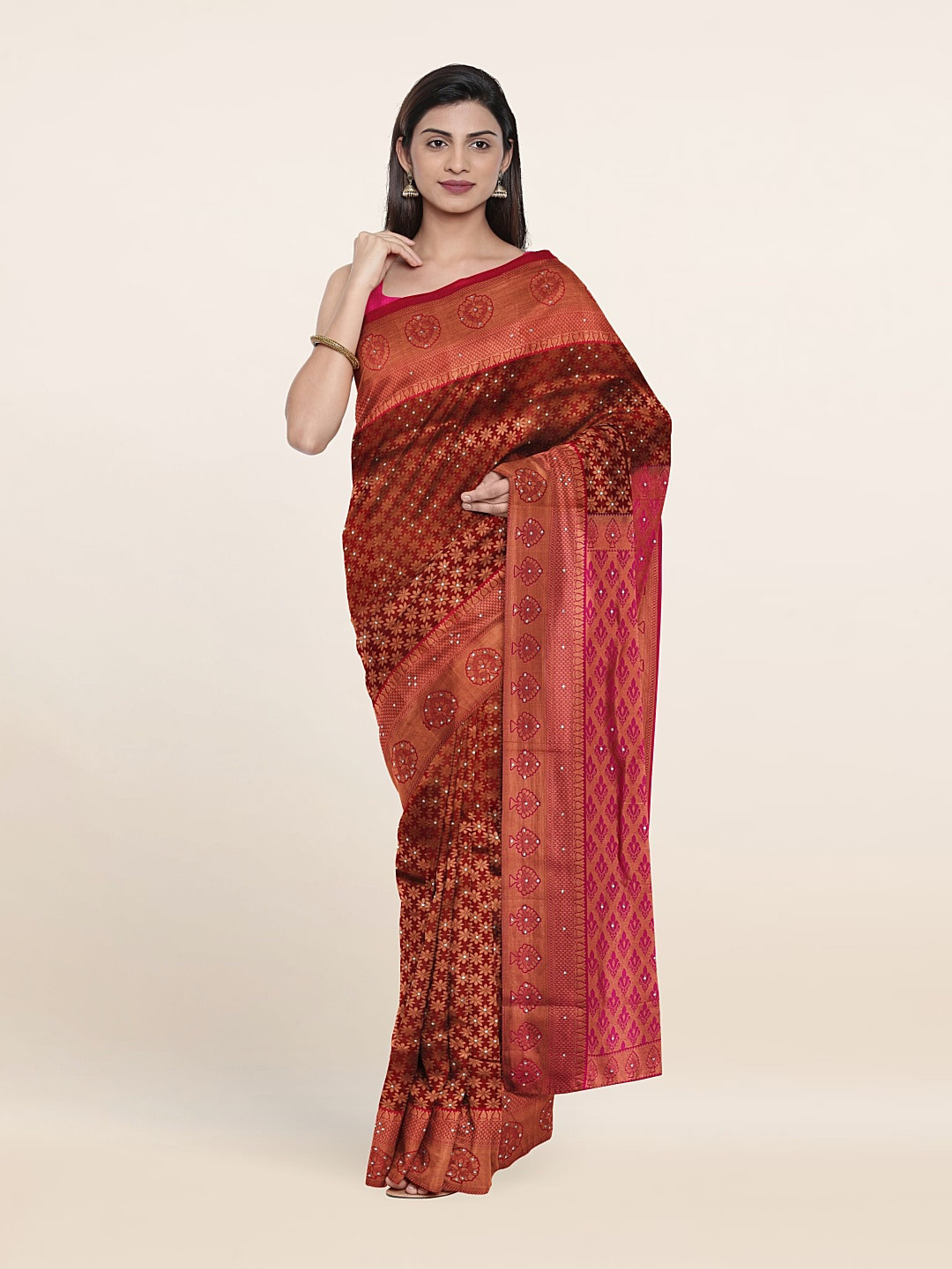 Pothys Maroon & Copper-Toned Woven Design Zari Pure Silk Saree
Pothys Maroon & Copper-Toned Woven Design Zari Pure Silk Saree