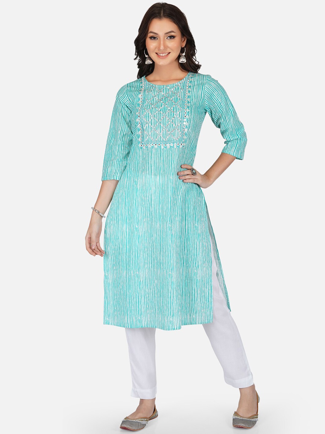 METRO-FASHION Women Turquoise Blue Striped Pure Cotton Kurta with Trousers
METRO-FASHION Women Turquoise Blue Striped Pure Cotton Kurta with Trousers
