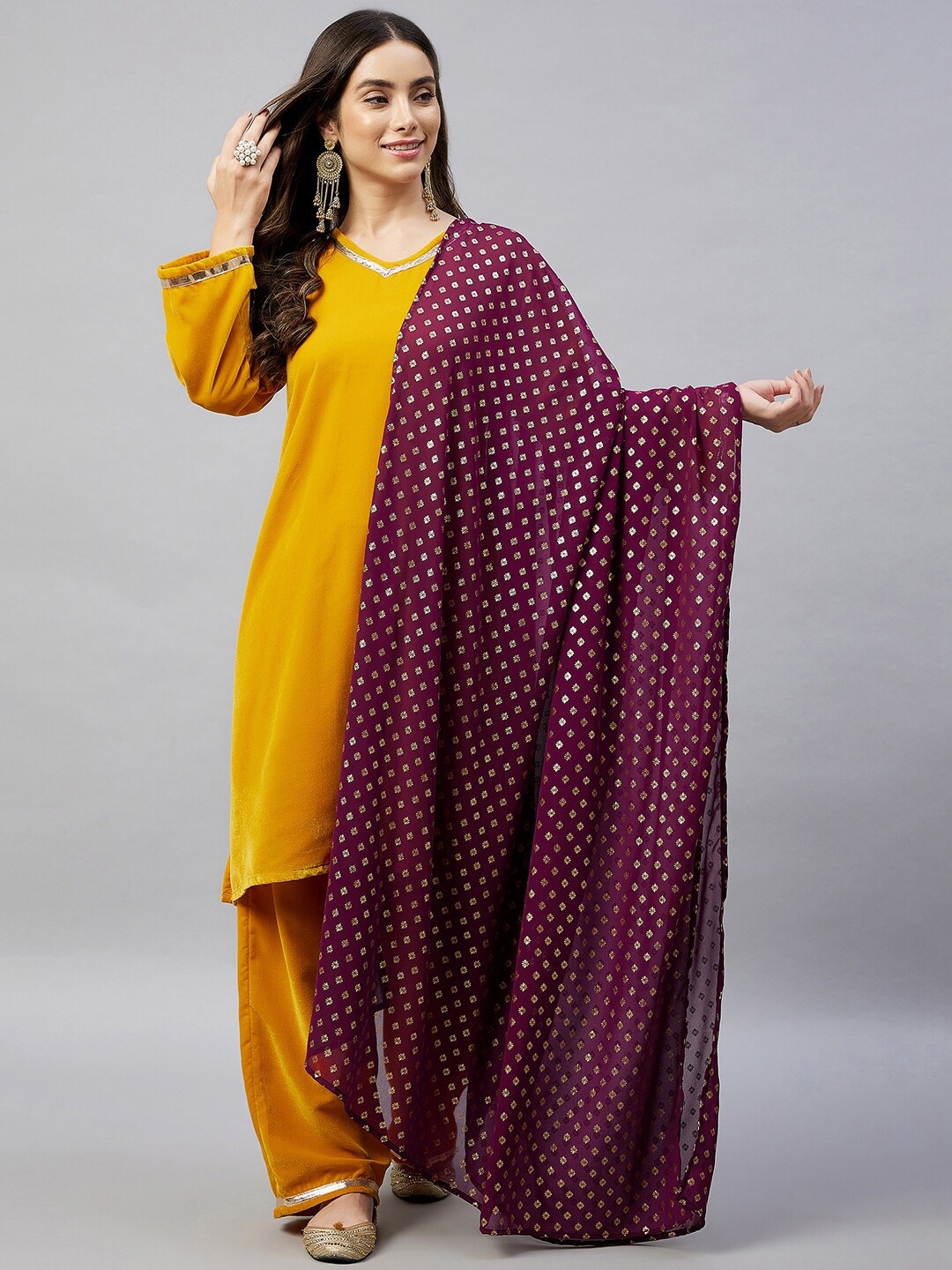 InWeave Women Mustard Yellow Velvet Kurta with Trousers & With Dupatta