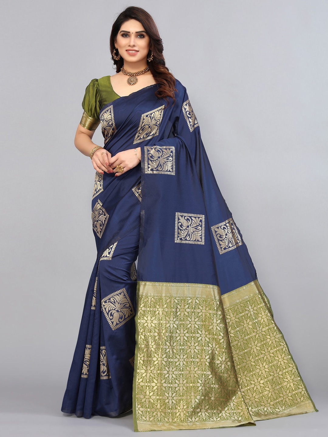 SIRIL Navy Blue & Gold-Toned Woven Design Banarasi Saree