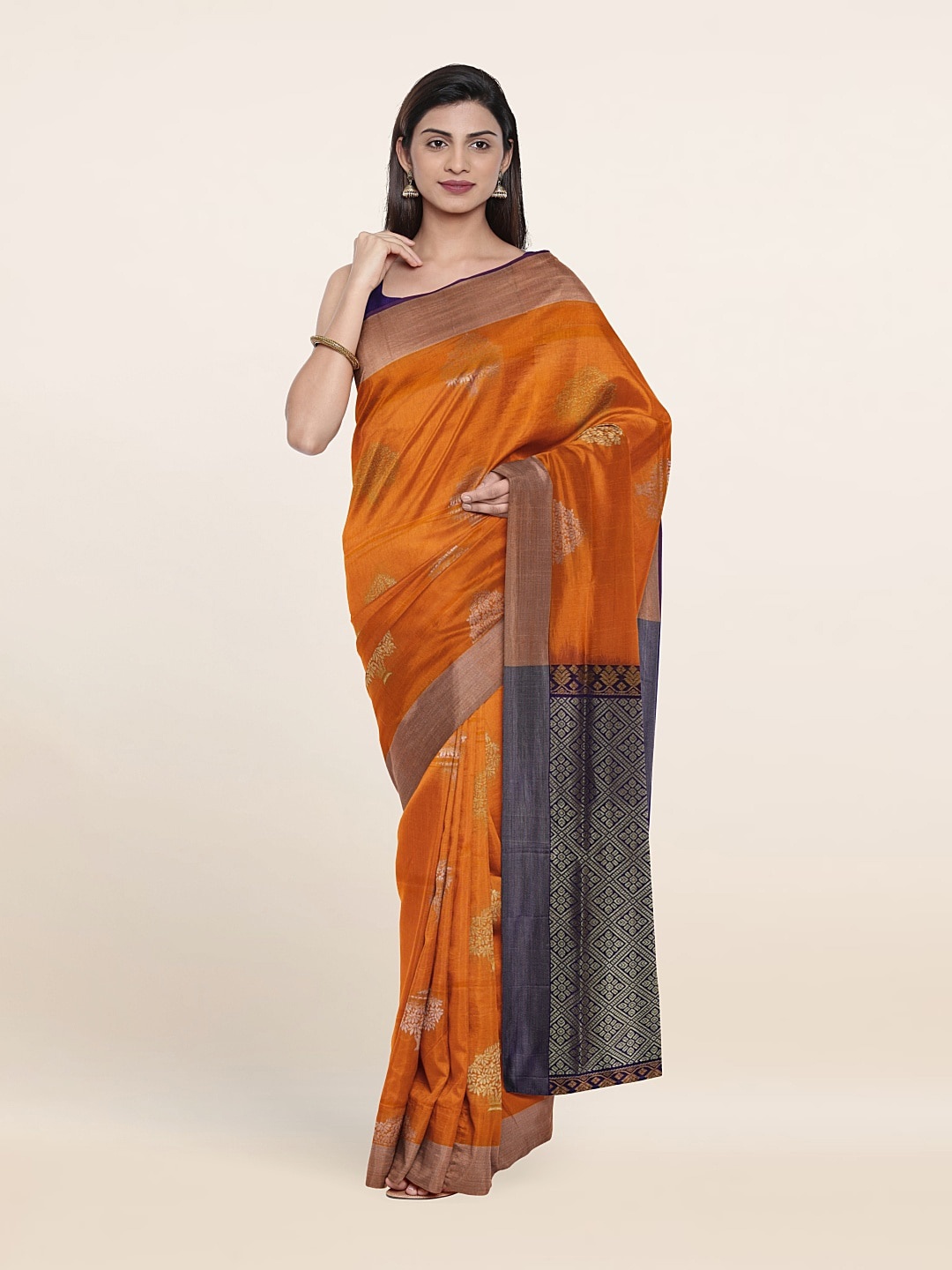 Pothys Orange & Blue Woven Design Zari Pure Silk Saree