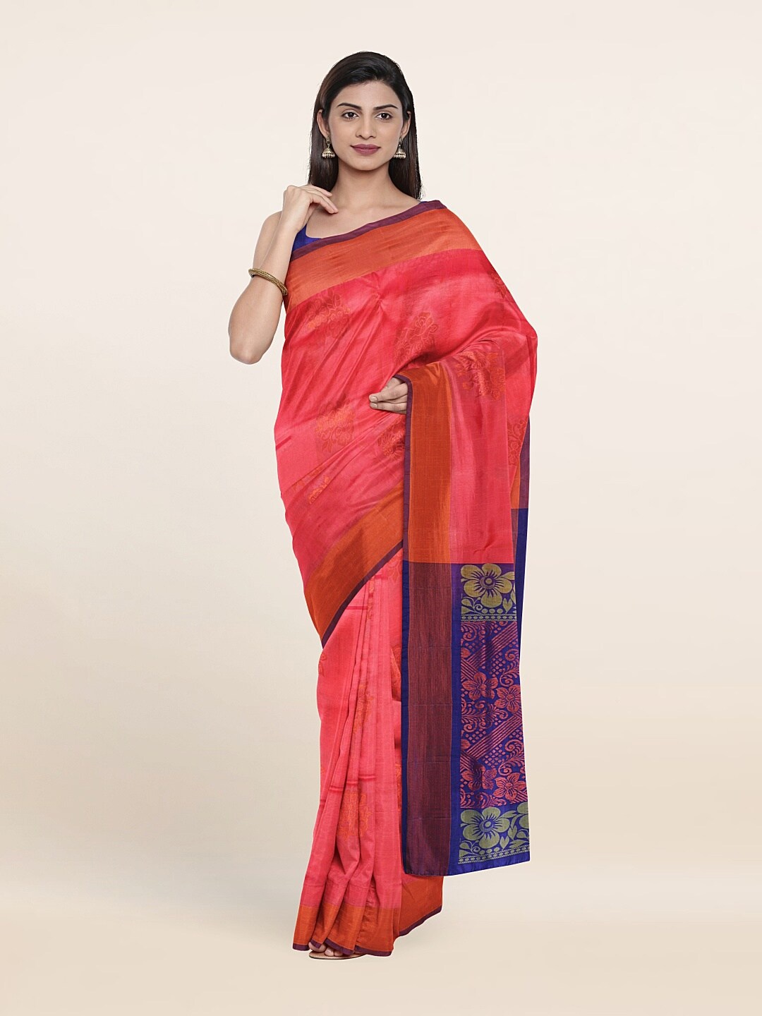 Pothys Pink & Purple Floral Zari Pure Silk Saree