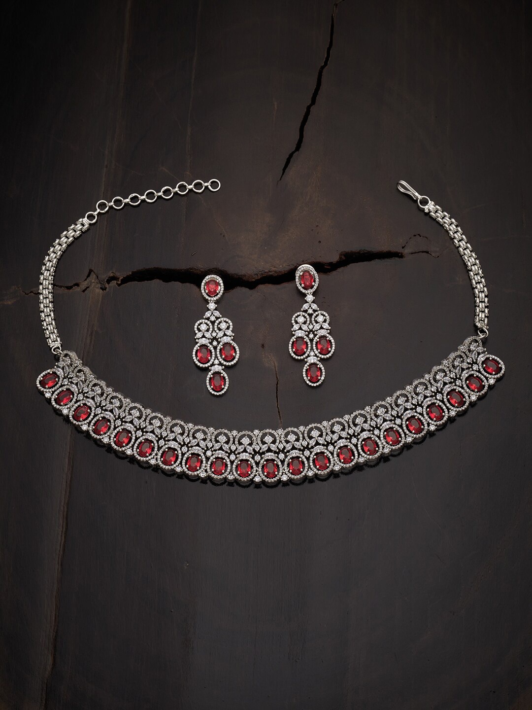 Kushal's Fashion Jewellery Red Rhodium-Plated CZ Studded Jewellery Set