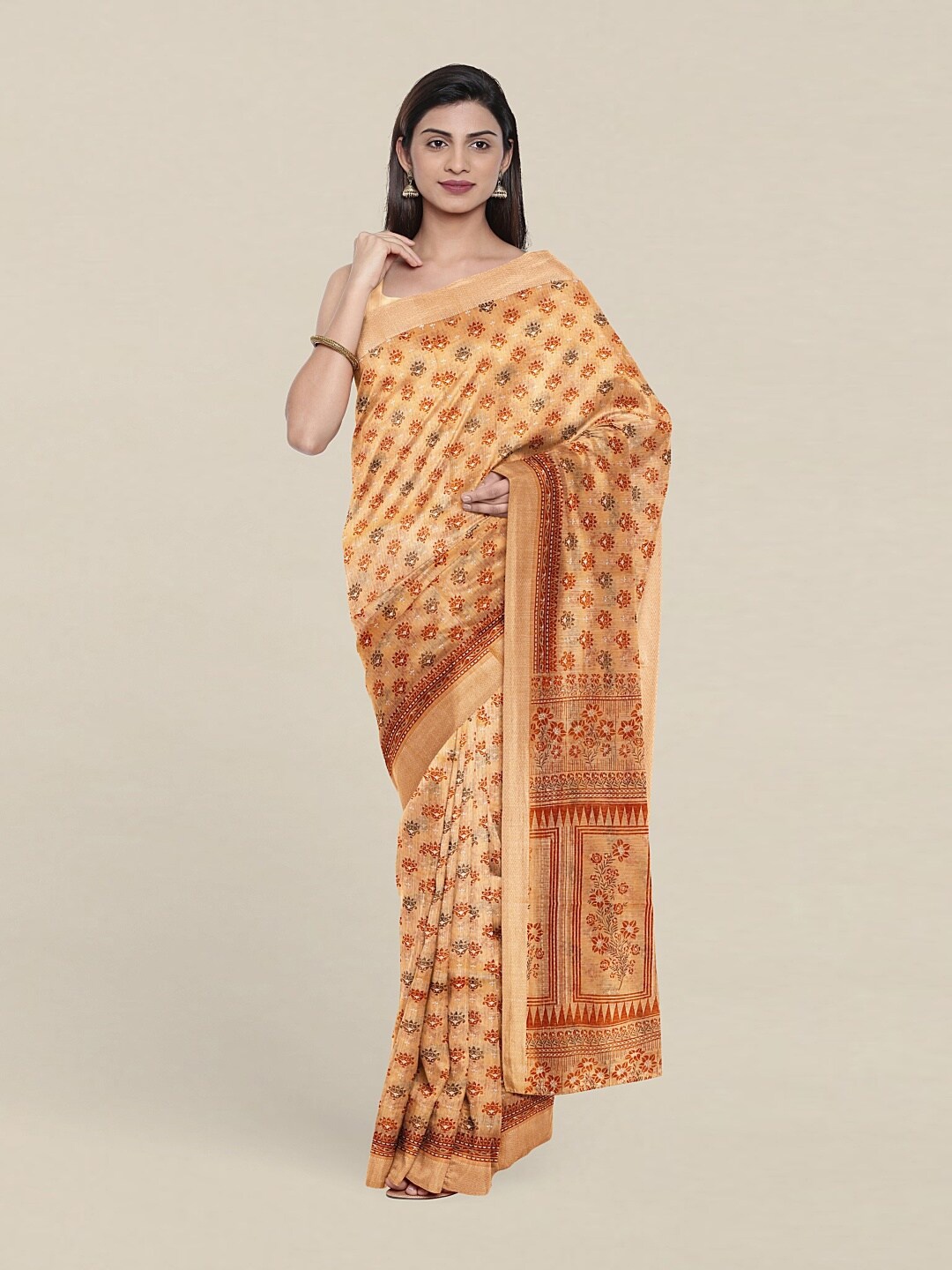 Pothys Peach-Coloured & White Floral Saree