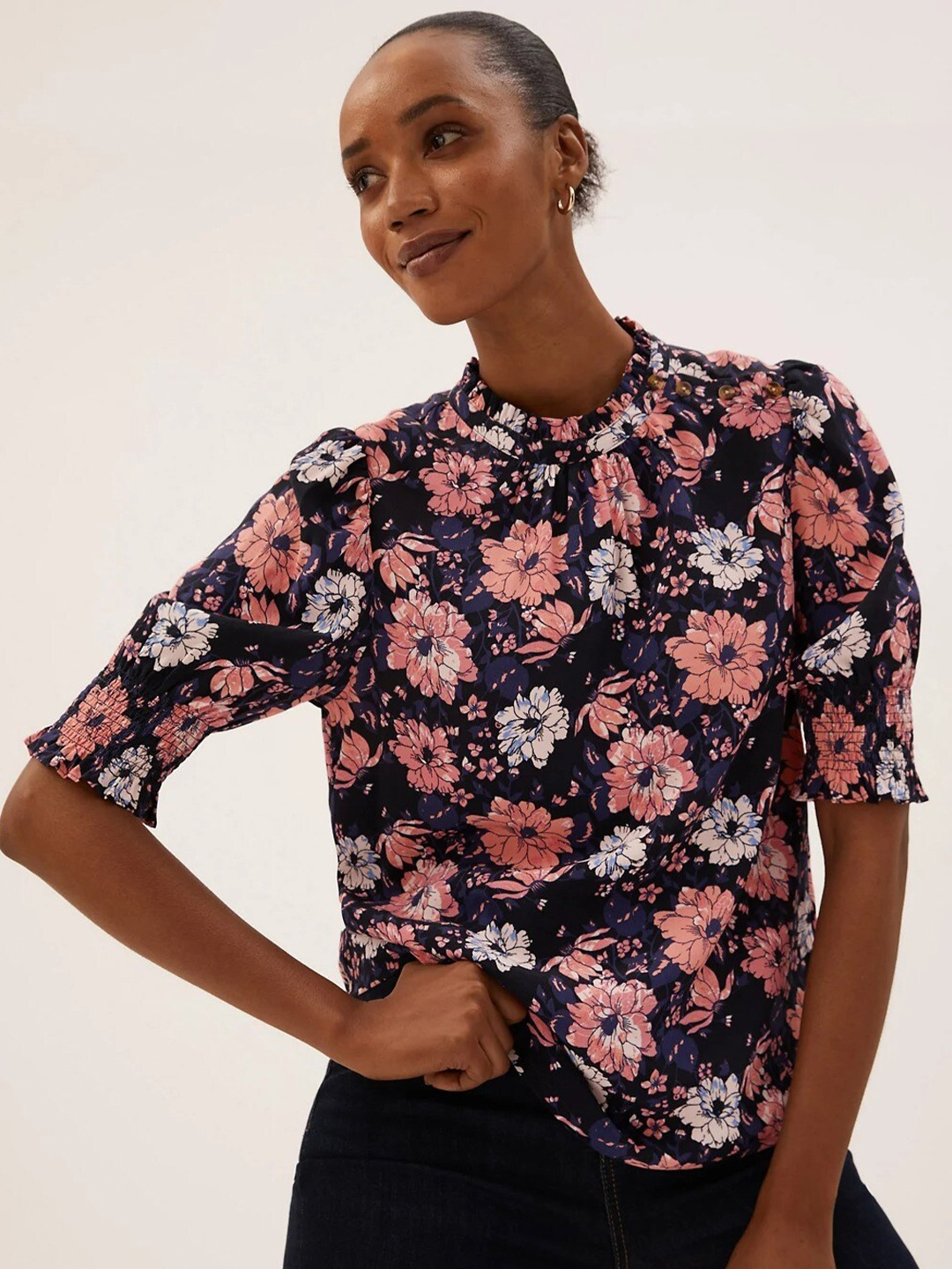 Marks & Spencer Women Navy Blue & Pink Floral Printed Mandarin Collar Shirt Style Top
Marks & Spencer Women Navy Blue & Pink Floral Printed Mandarin Collar Shirt Style Top