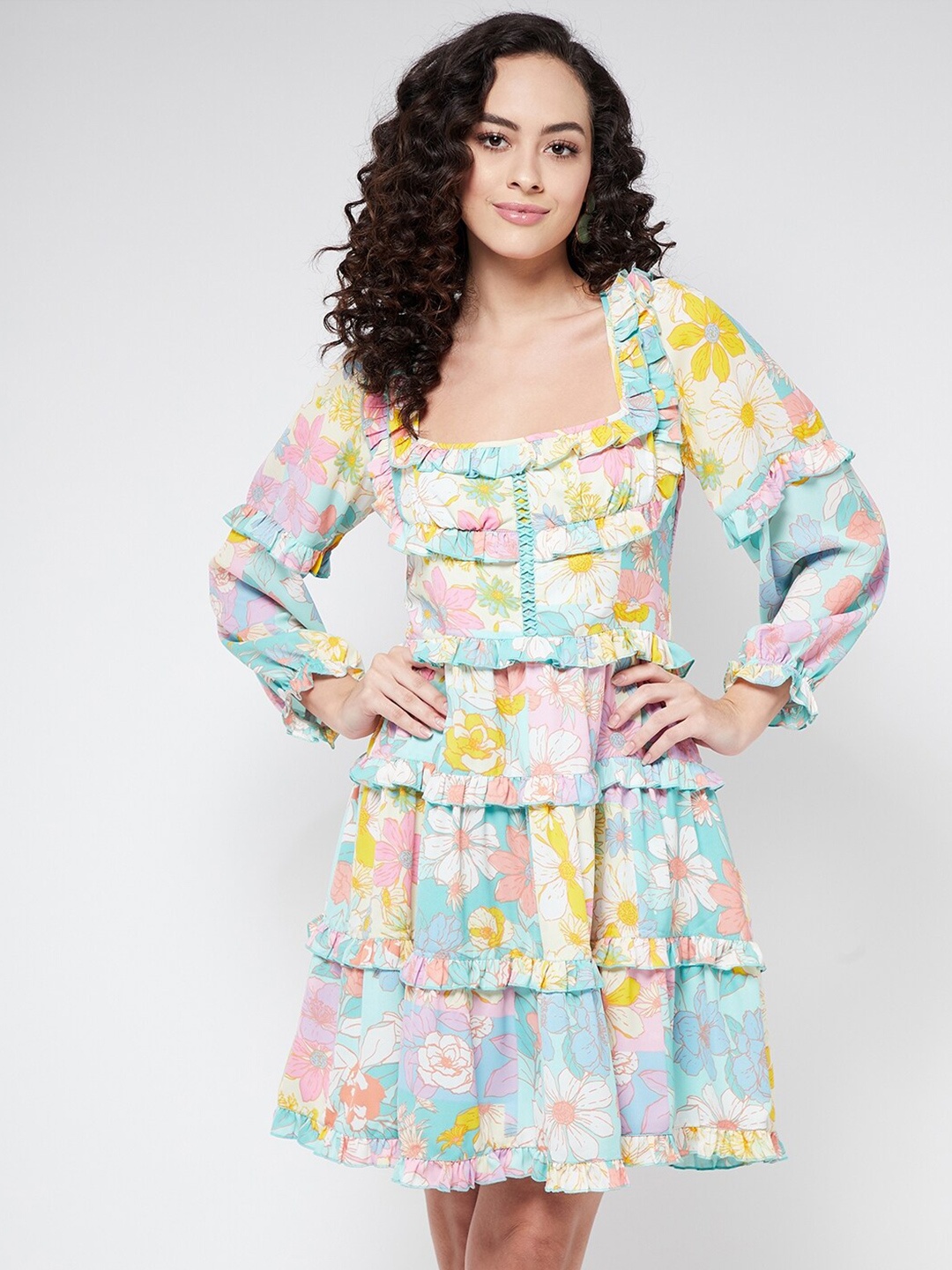 MAGRE Green & Yellow Floral Print Ruffled Georgette Dress