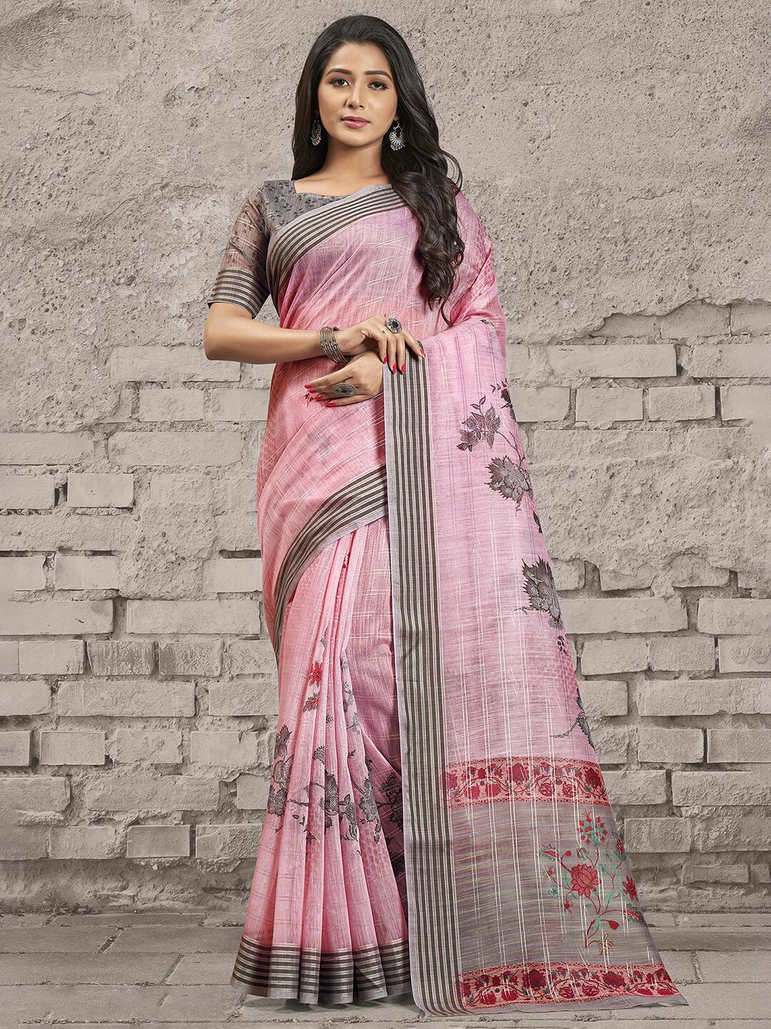 Saree mall Pink & Grey Floral Banarasi Sarees