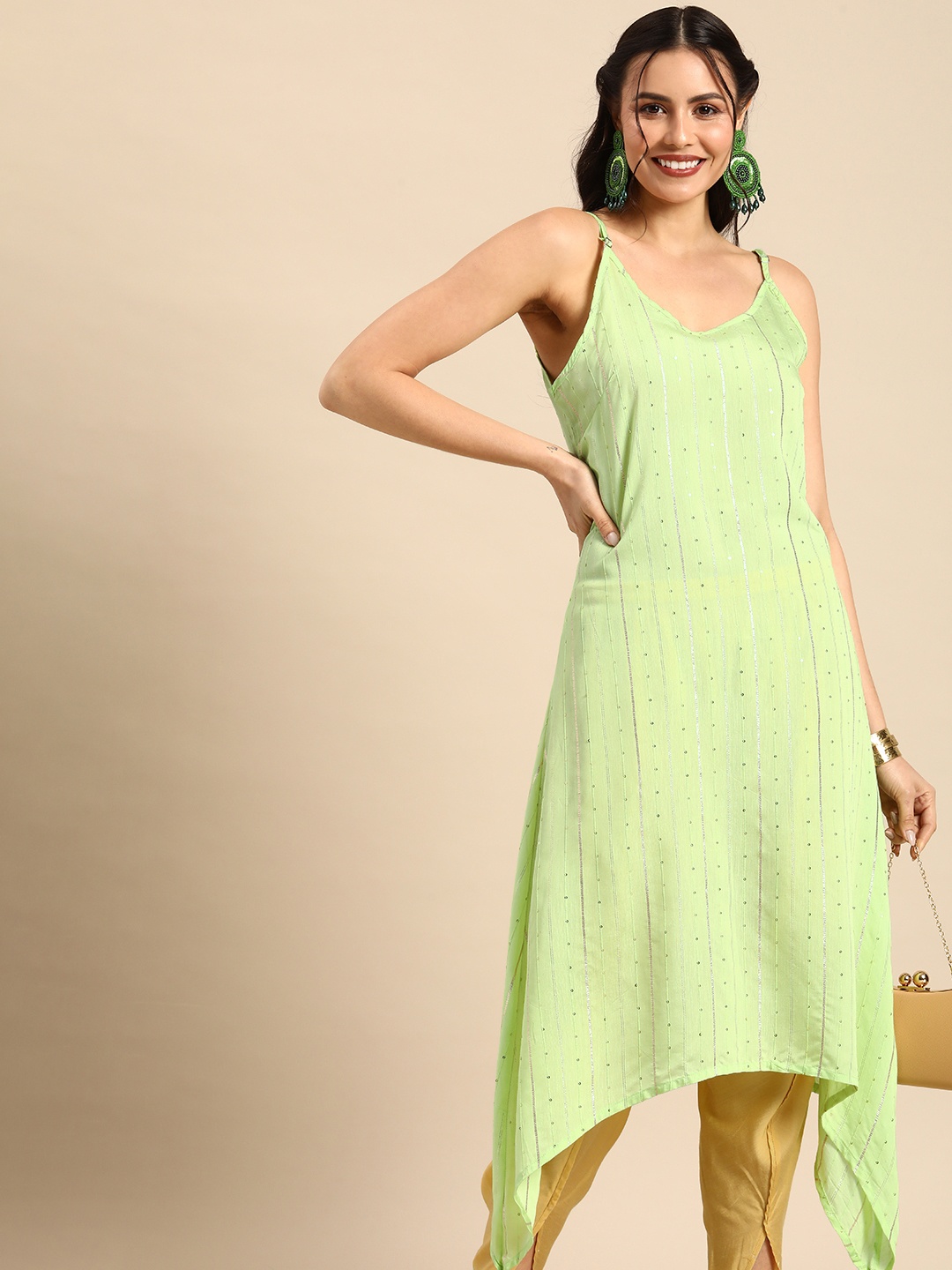 Sangria Women Striped Regular Sequinned Chanderi Silk Top with Dhoti Pants, Lime green
Sangria Women Striped Regular Sequinned Chanderi Silk Top with Dhoti Pants, Lime green