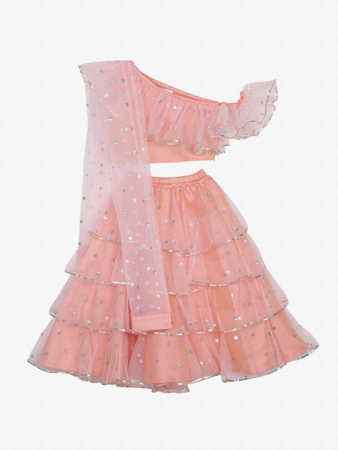 SAKA DESIGNS Girls Pink & Silver-Toned Embellished Sequinned Ready to Wear Lehenga & Blouse With Dupatta
SAKA DESIGNS Girls Pink & Silver-Toned Embellished Sequinned Ready to Wear Lehenga & Blouse With Dupatta