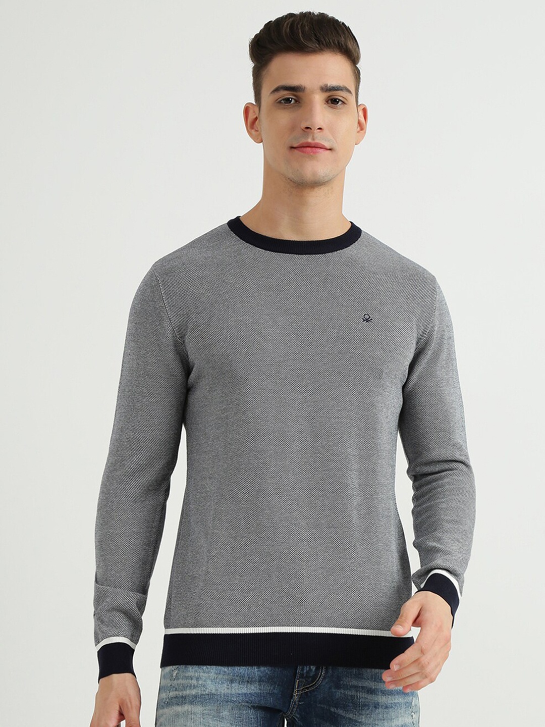 United Colors of Benetton Men Grey & Black Cotton Pullover