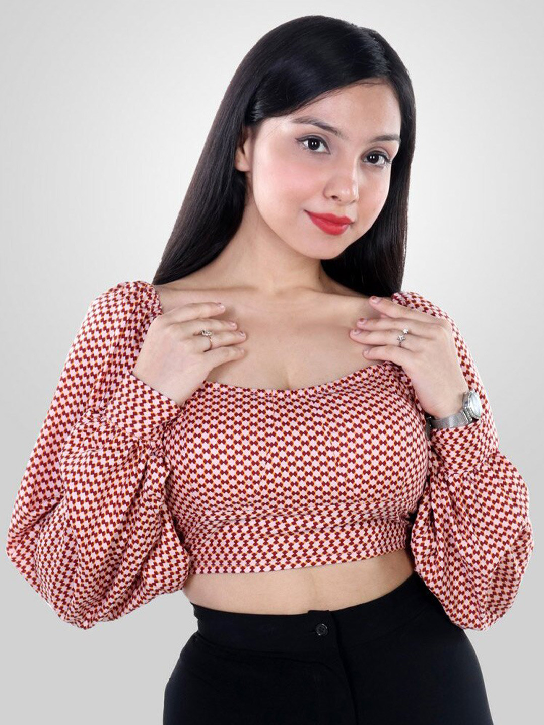 The Label Bar Women Maroon & White Print Crepe Crop Top
The Label Bar Women Maroon & White Print Crepe Crop Top