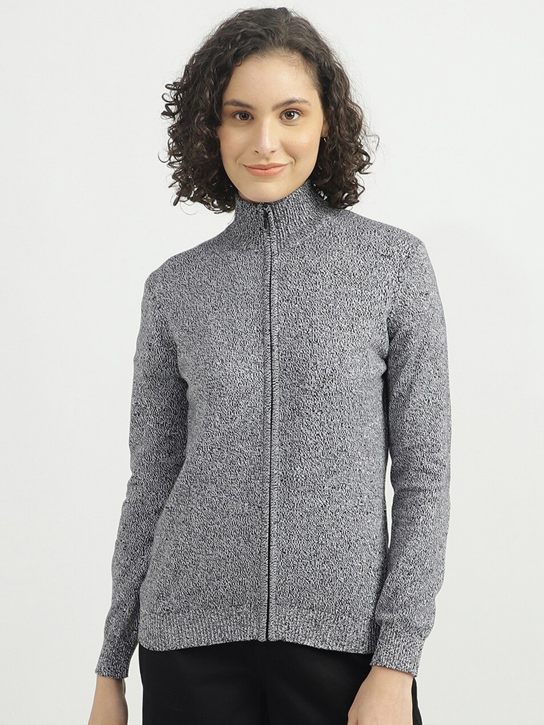 United Colors of Benetton Women Grey Textured Turtle Neck Cardigan