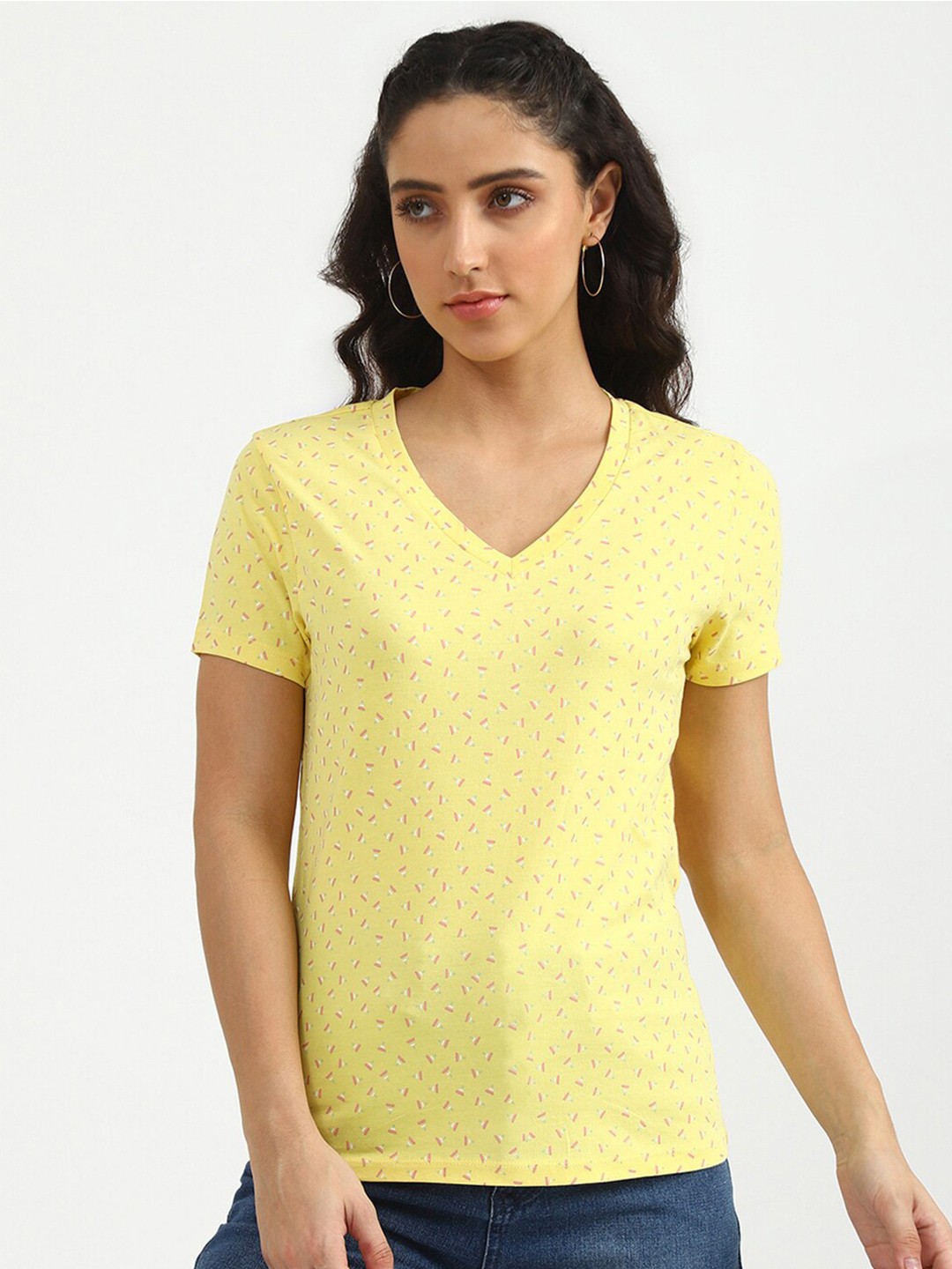 United Colors of Benetton Women Yellow Printed V-Neck Slim Fit Cotton T-shirt