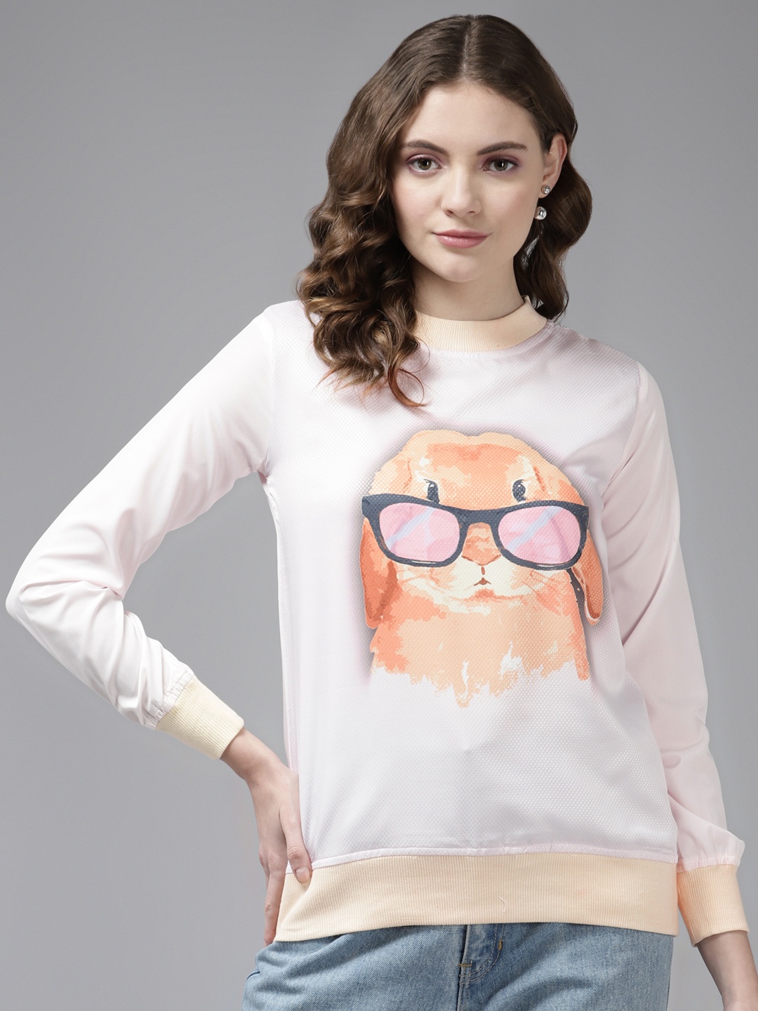 Aarika Women White & Orange Printed Sweatshirt