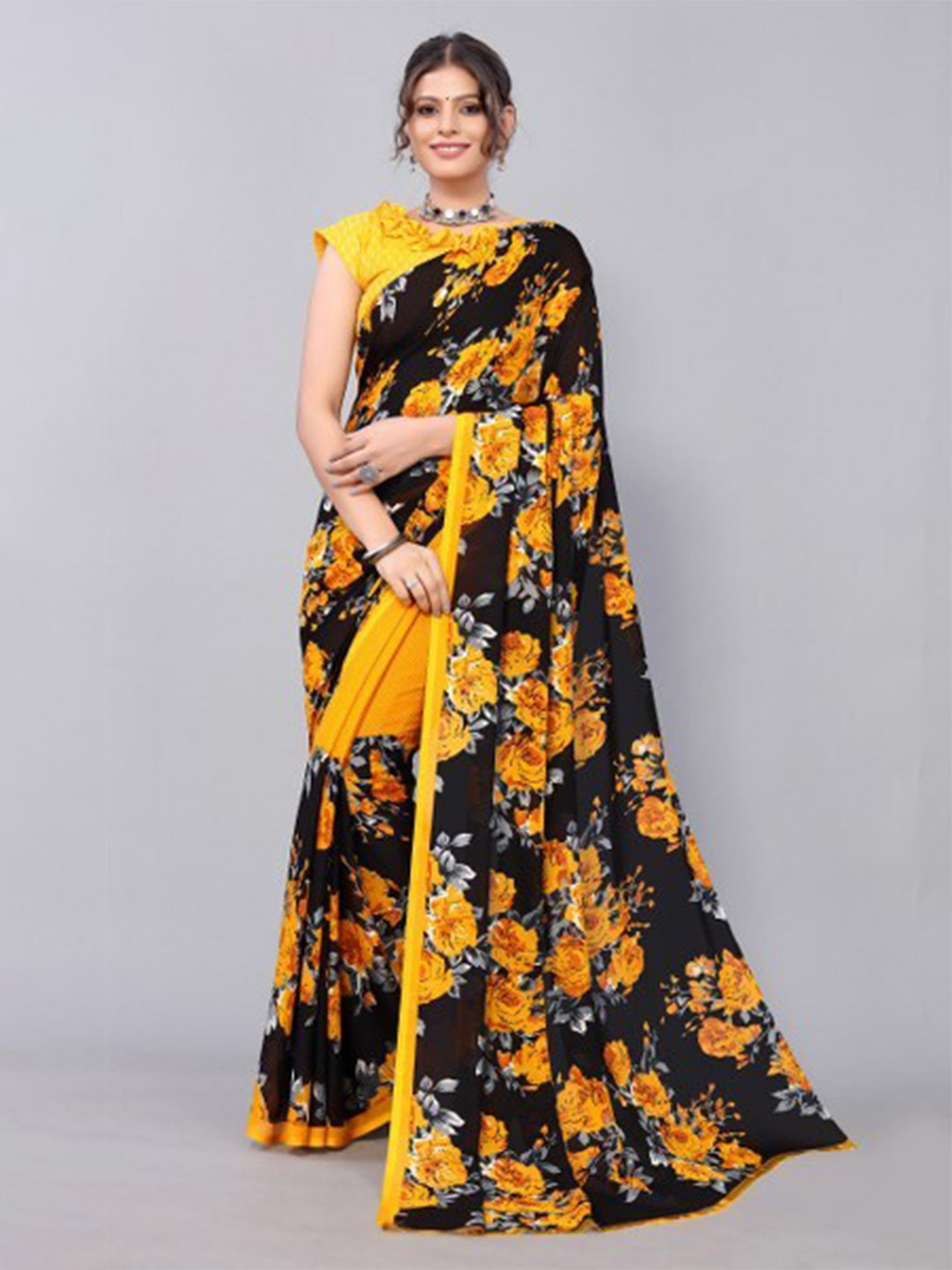 Yashika Yellow & Black Floral Saree
Yashika Yellow & Black Floral Saree