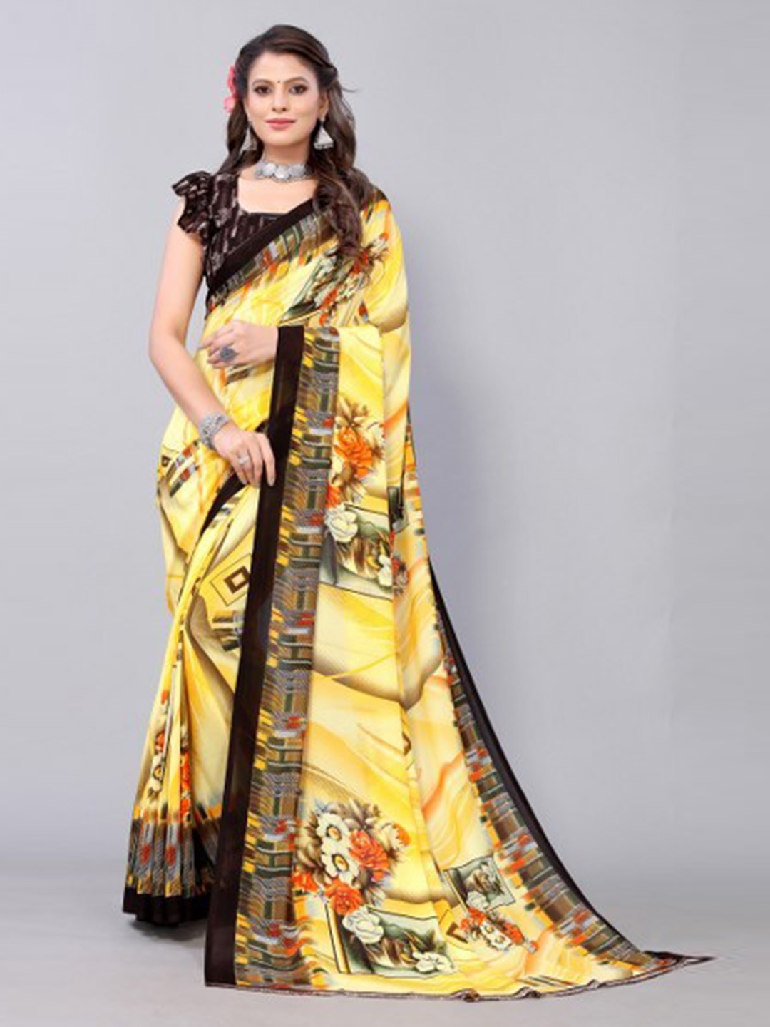 Yashika Yellow & Black Floral Saree