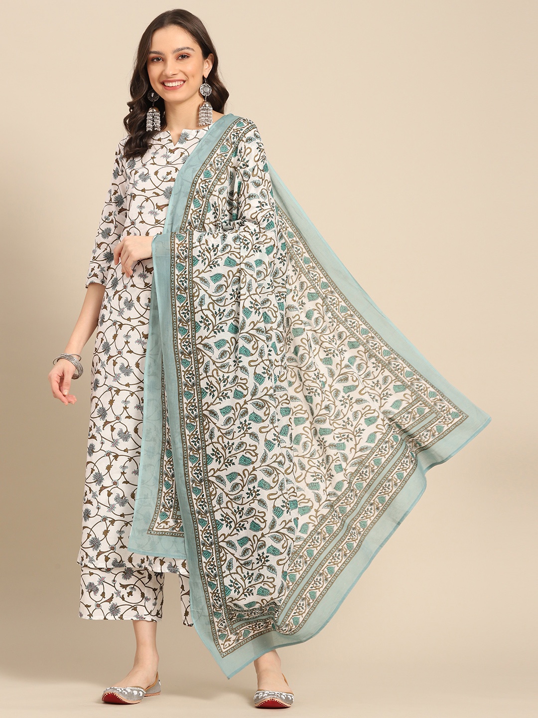 Sangria Women White & Sage Green Ethnic Printed Pure Cotton Kurta with Palazzos & Dupatta
Sangria Women White & Sage Green Ethnic Printed Pure Cotton Kurta with Palazzos & Dupatta