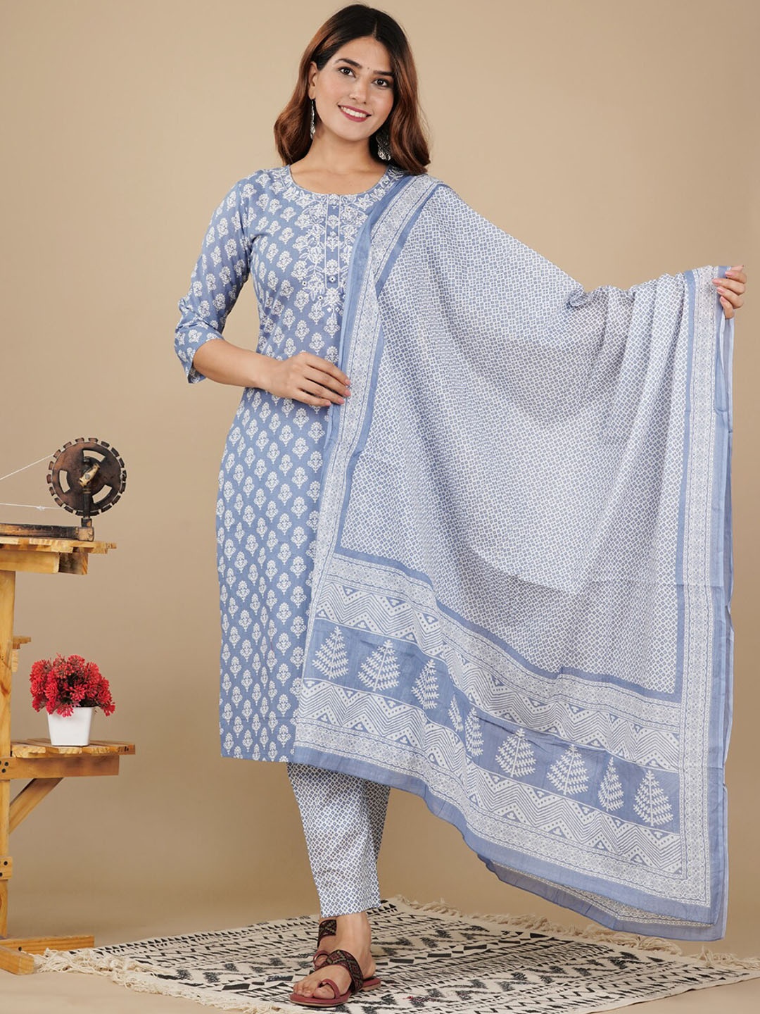 ETHNIC STREET Women Blue Ethnic Motifs Embroidered Mirror Work Pure Cotton Kurta with Trousers & With
ETHNIC STREET Women Blue Ethnic Motifs Embroidered Mirror Work Pure Cotton Kurta with Trousers & With