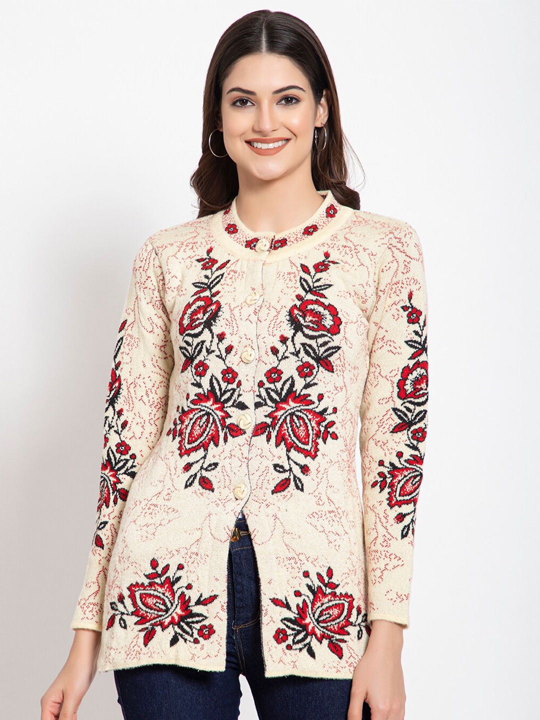 TYSORT Women Off White And Red Floral Self Design Woolen Cardigan
