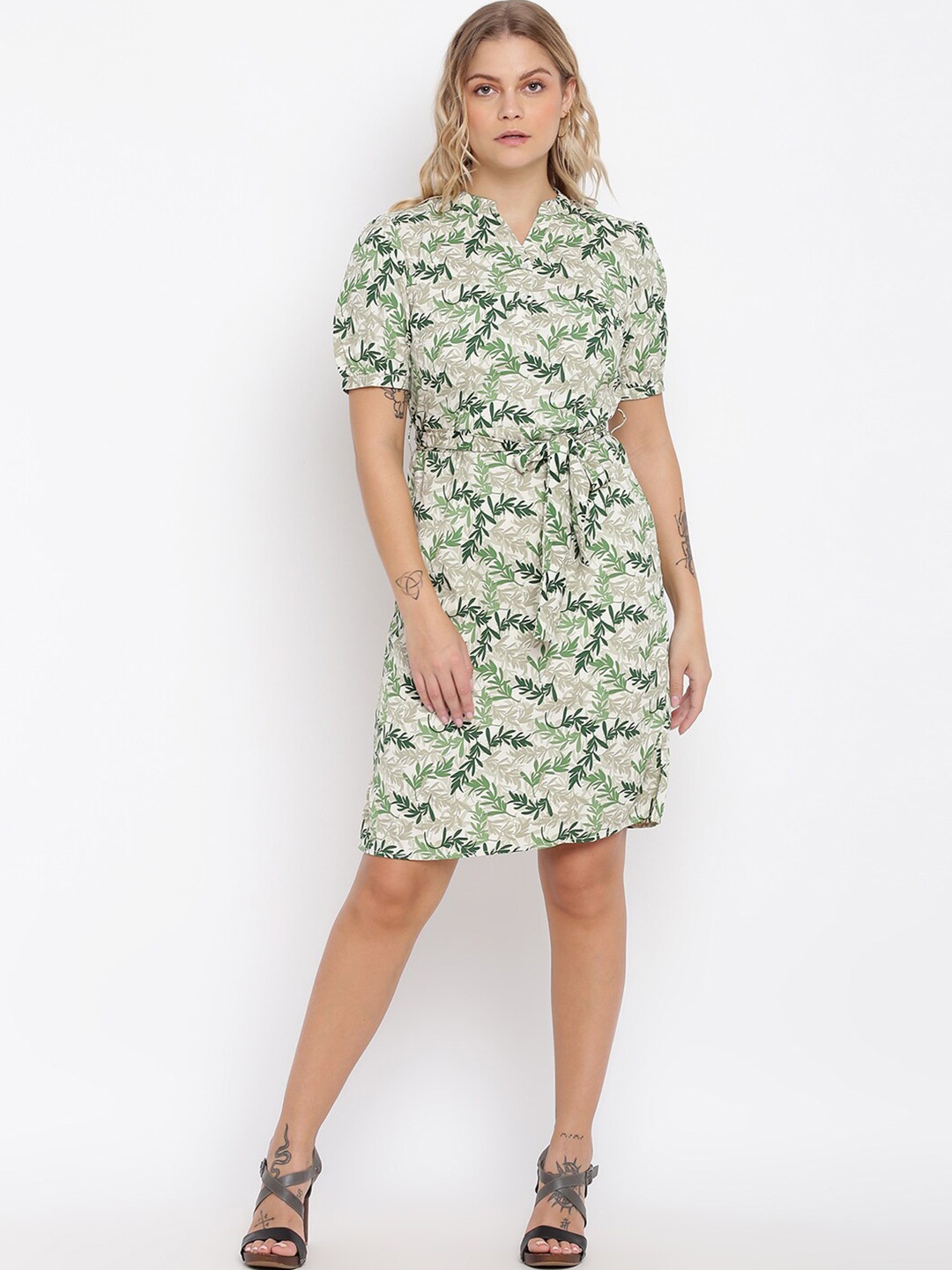 abof Off White & Green Floral Printed Sheath Dress
