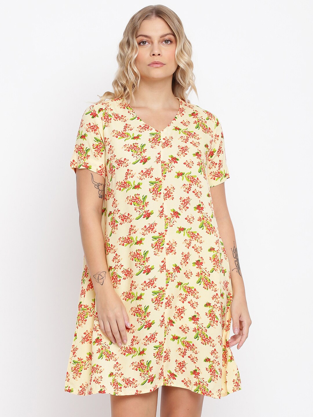 abof Women Yellow Floral Printed A-Line Dress