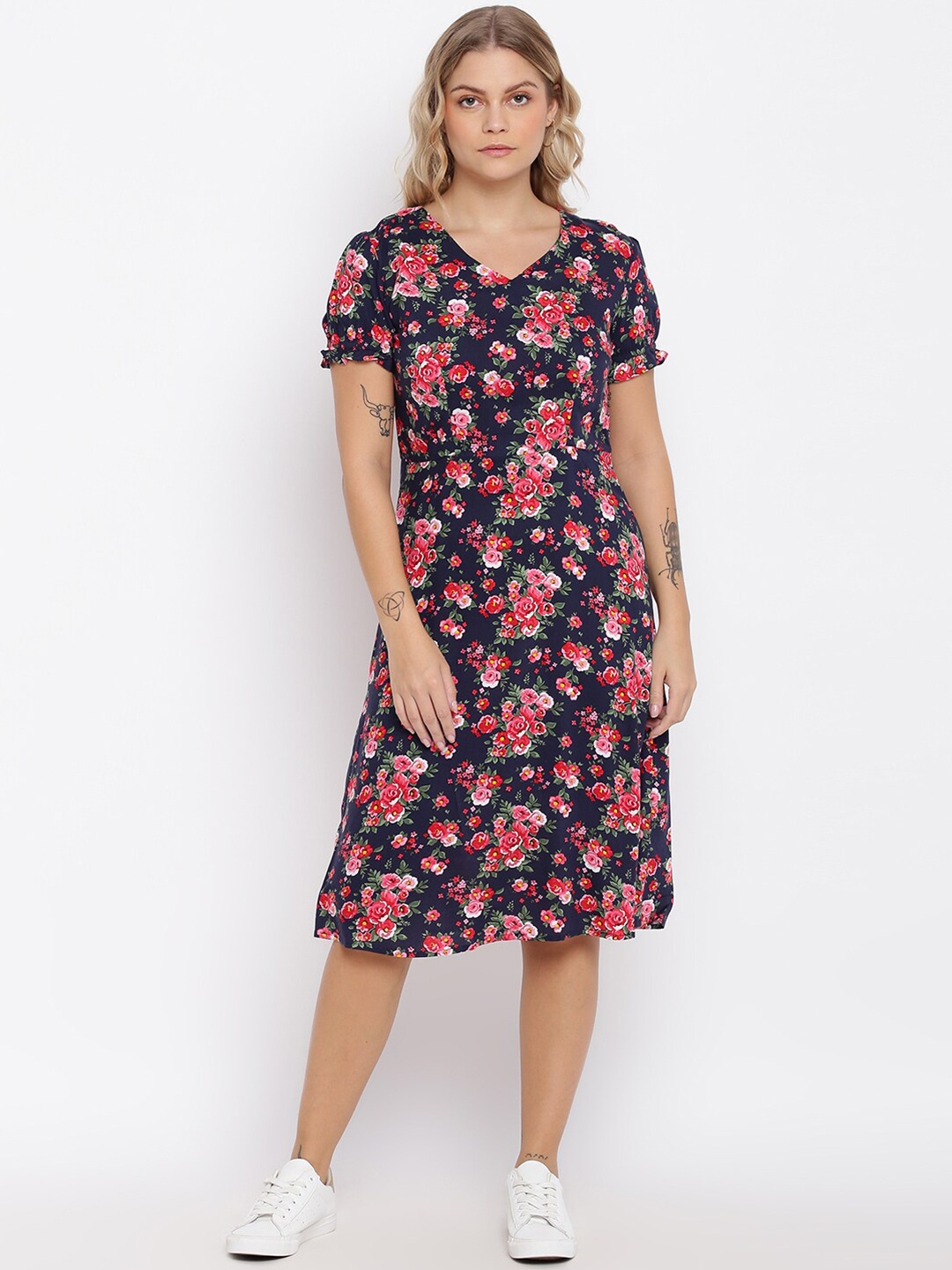abof Women Navy Blue & Pink Floral Printed A-Line Dress