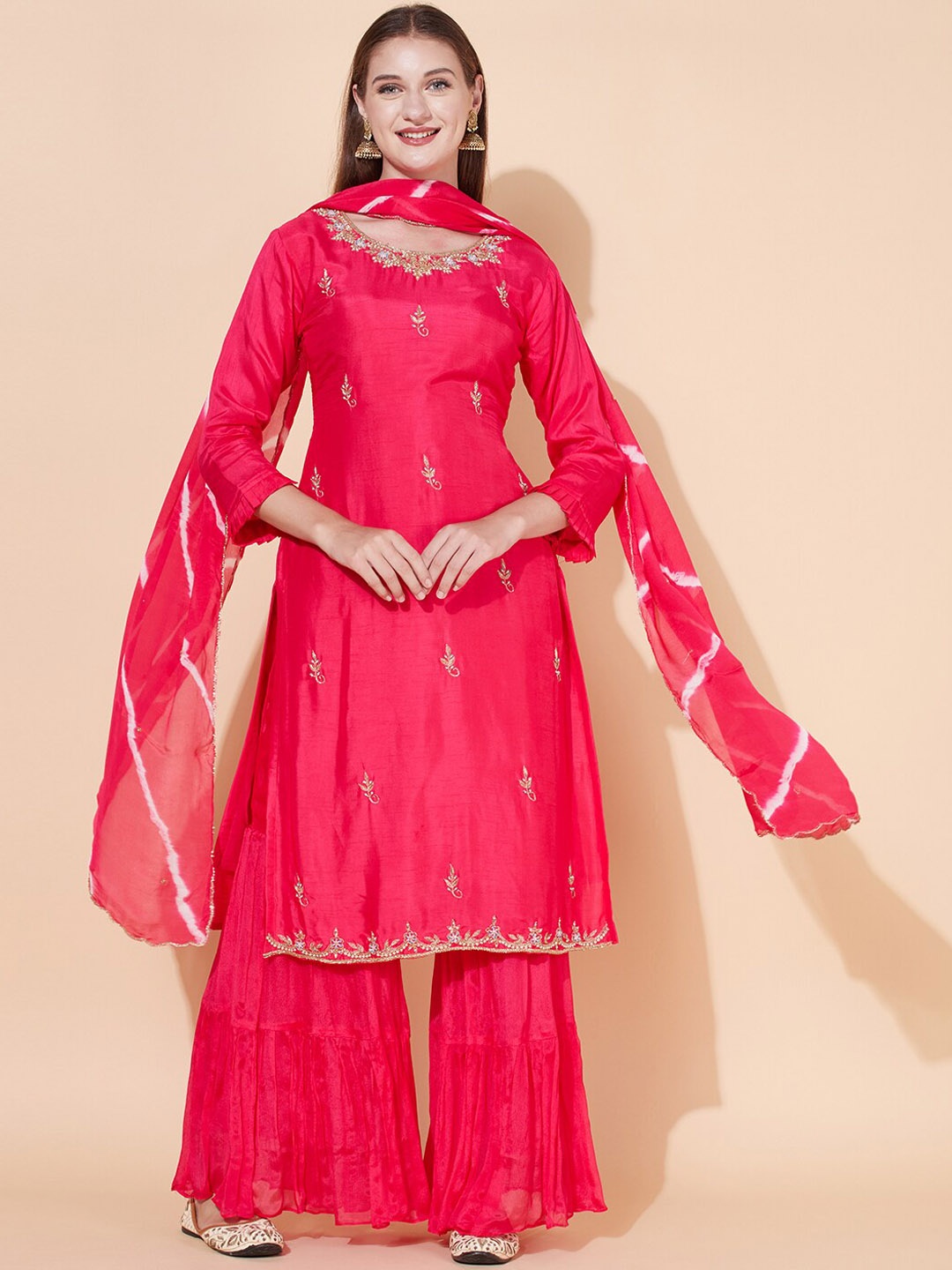 FASHOR Women Pink Ethnic Motifs Embroidered Zardozi Kurta with Sharara & With Dupatta
FASHOR Women Pink Ethnic Motifs Embroidered Zardozi Kurta with Sharara & With Dupatta